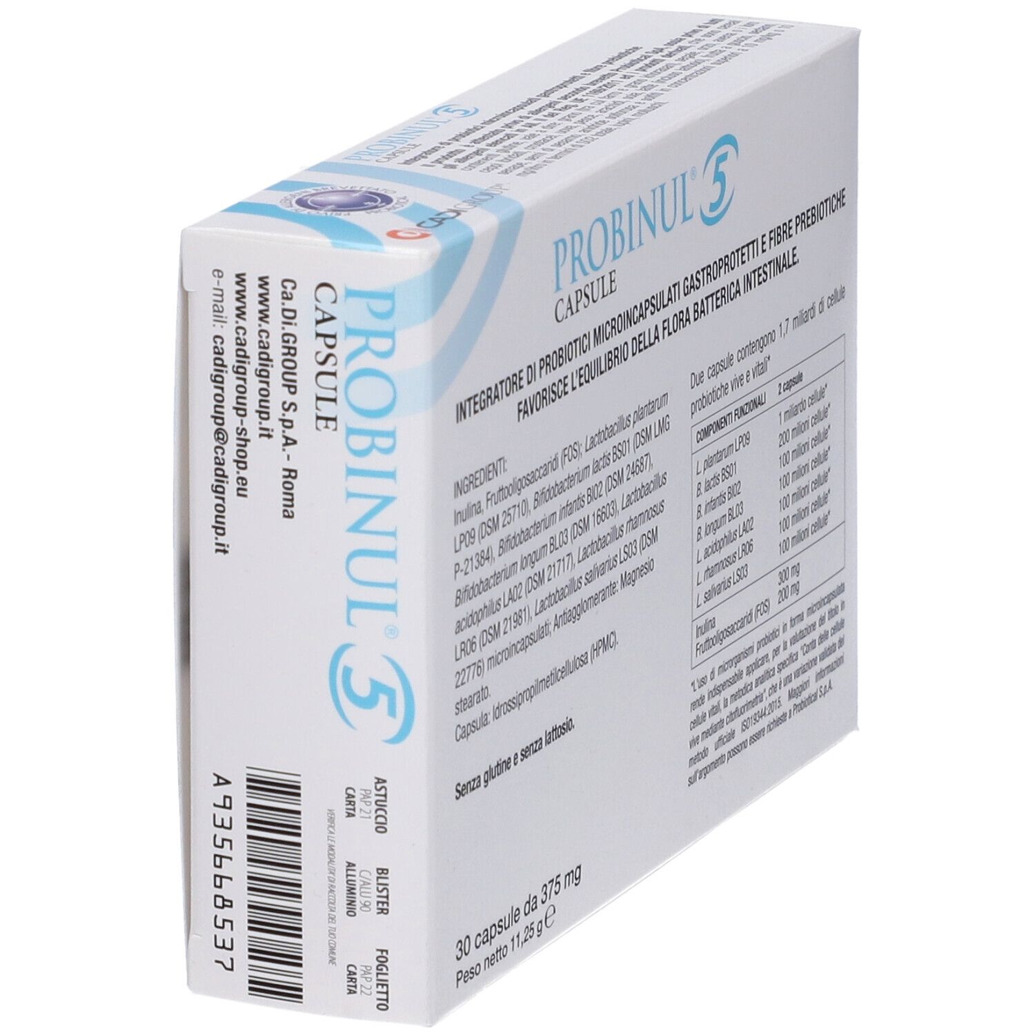 Confezione di PROBINUL® 5, angolata. Contiene 30 capsule. Ingredienti e informazioni nutrizionali.