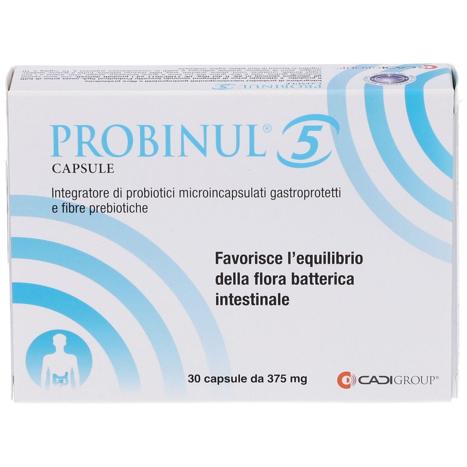 Confezione di PROBINUL® 5. Contiene 30 capsule. Testo: 'Favorisce l'equilibrio'.