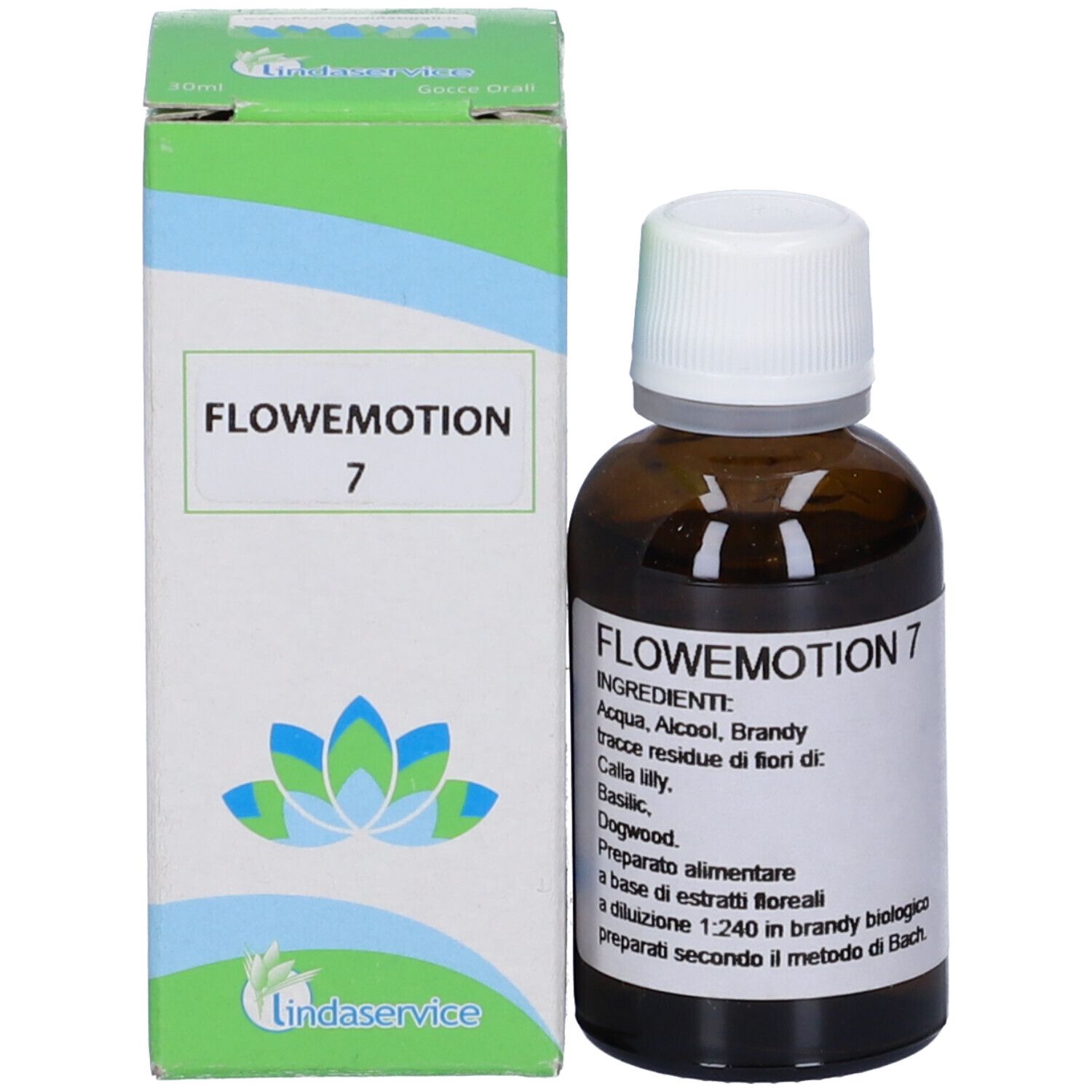 Flacone di vetro marrone e scatola. FLOWEMOTION 7 sulla scatola. FLOWEMOTION 7 e ingredienti sul flacone.