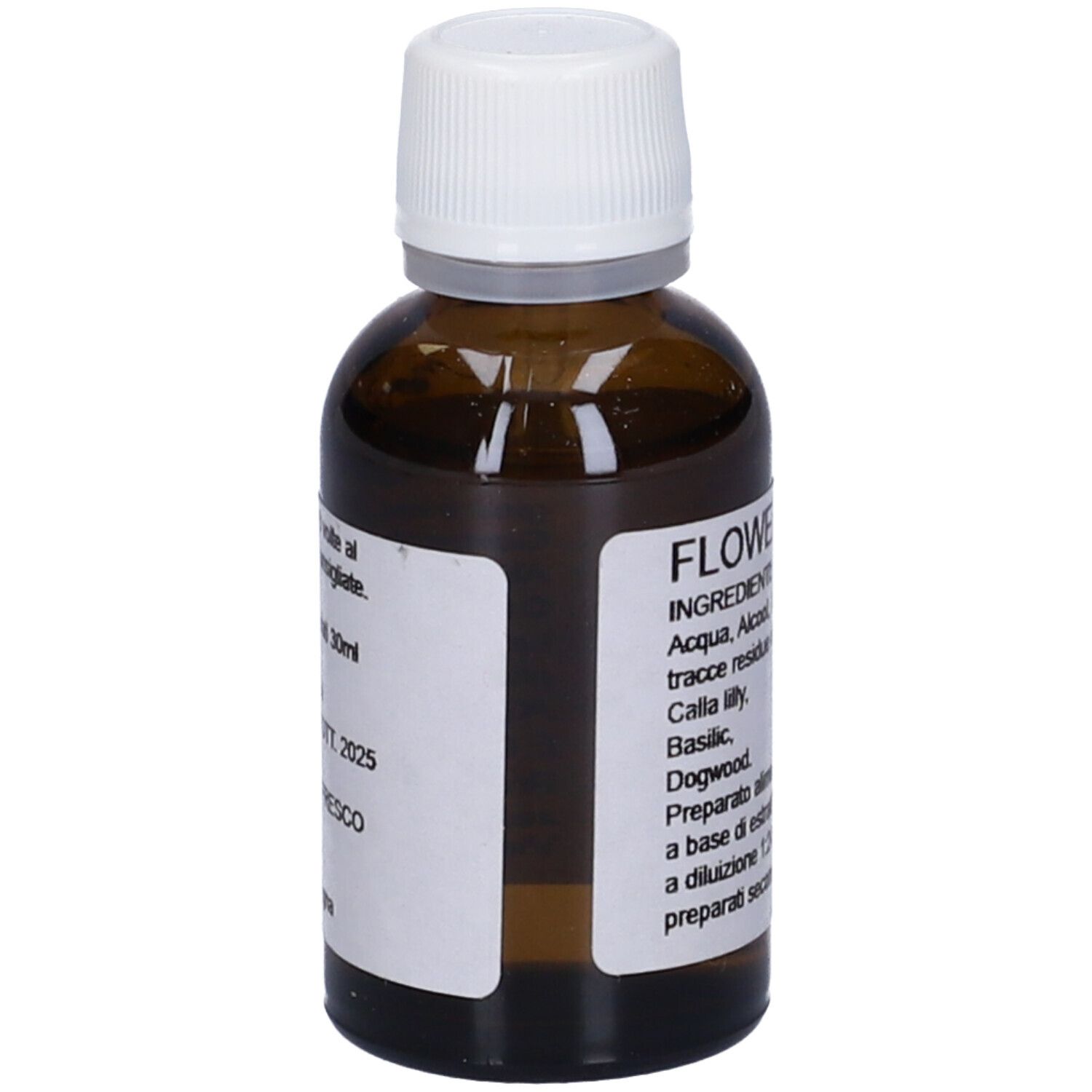 Flacone di vetro marrone con tappo bianco. Ingredienti e FLOWEMOTION 7 sull'etichetta.