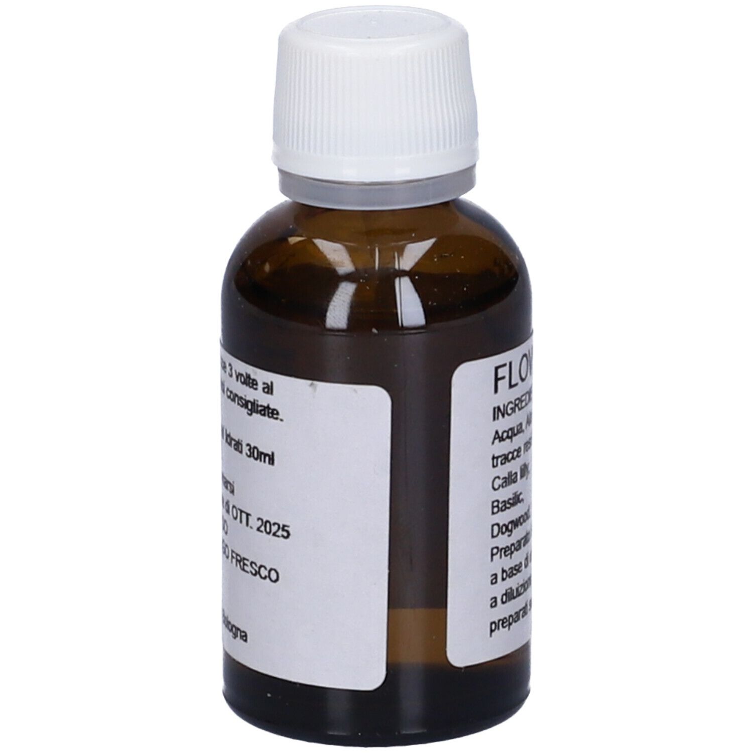 Flacone di vetro marrone con tappo bianco. Istruzioni per l'uso e FLOWEMOTION 7 sull'etichetta.