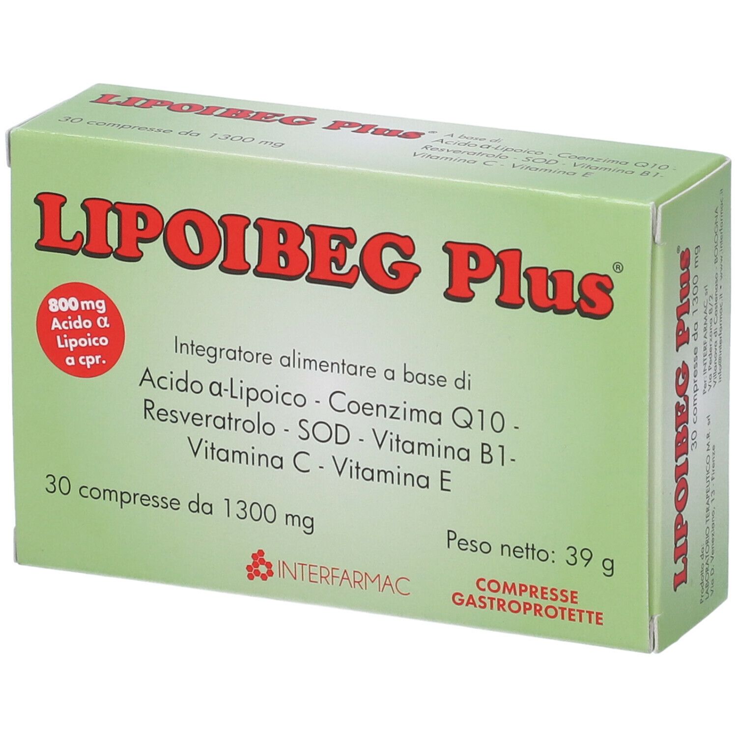 Scatola verde con scritta rossa LIPOIBEG Plus. Contiene 30 compresse. Scritta: 800mg Acido a-Lipoico a cpr.