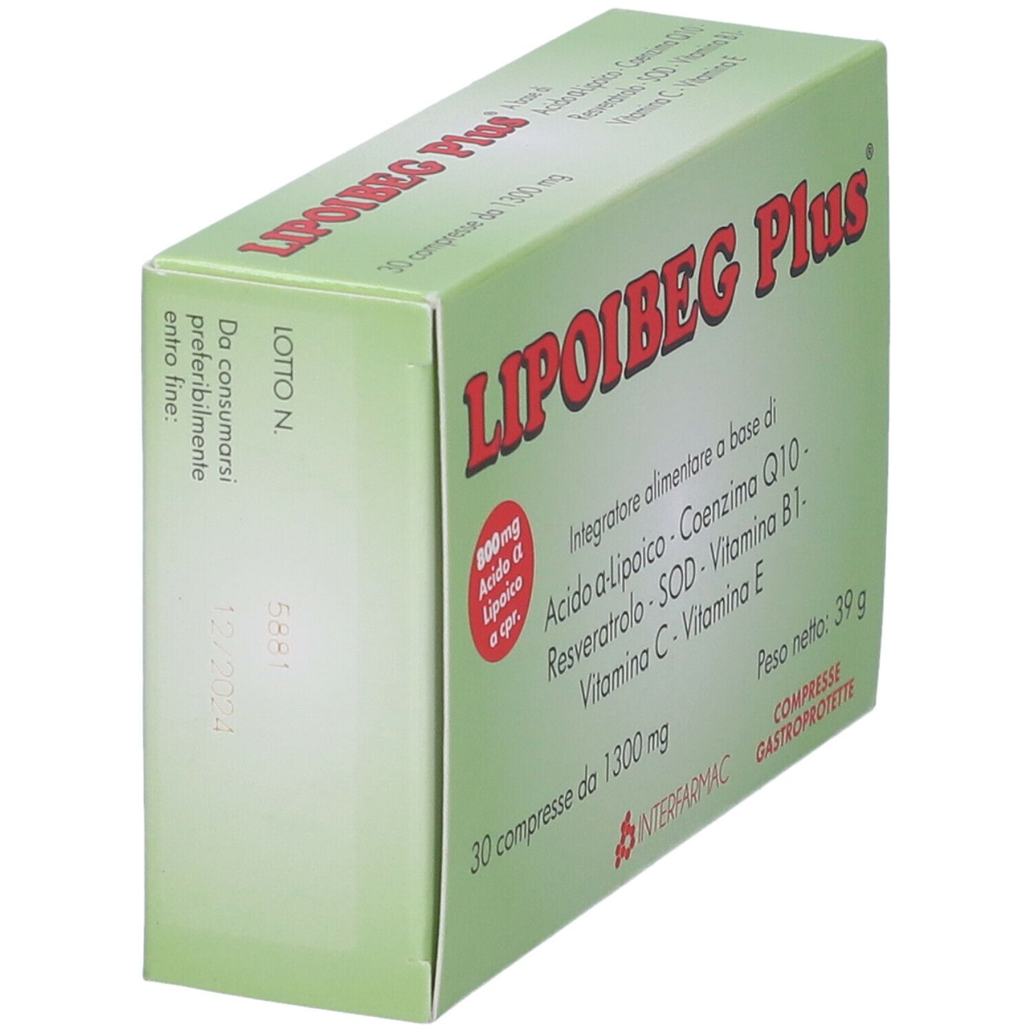 Scatola verde con scritta rossa LIPOIBEG Plus. Contiene 30 compresse. Vista laterale con testo e data di scadenza.