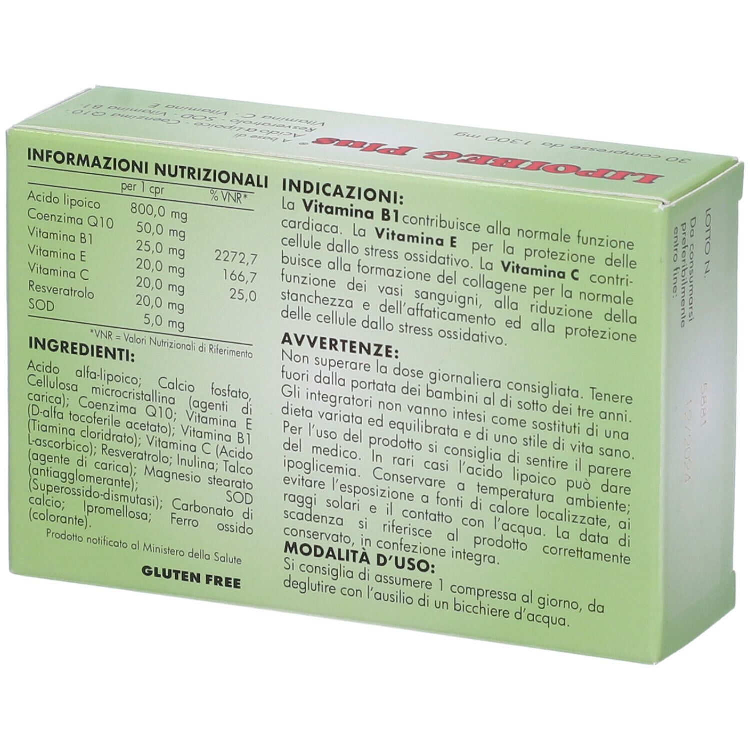 Scatola verde con testo. Contiene informazioni su ingredienti, valori nutrizionali e istruzioni per l'uso. Senza glutine.