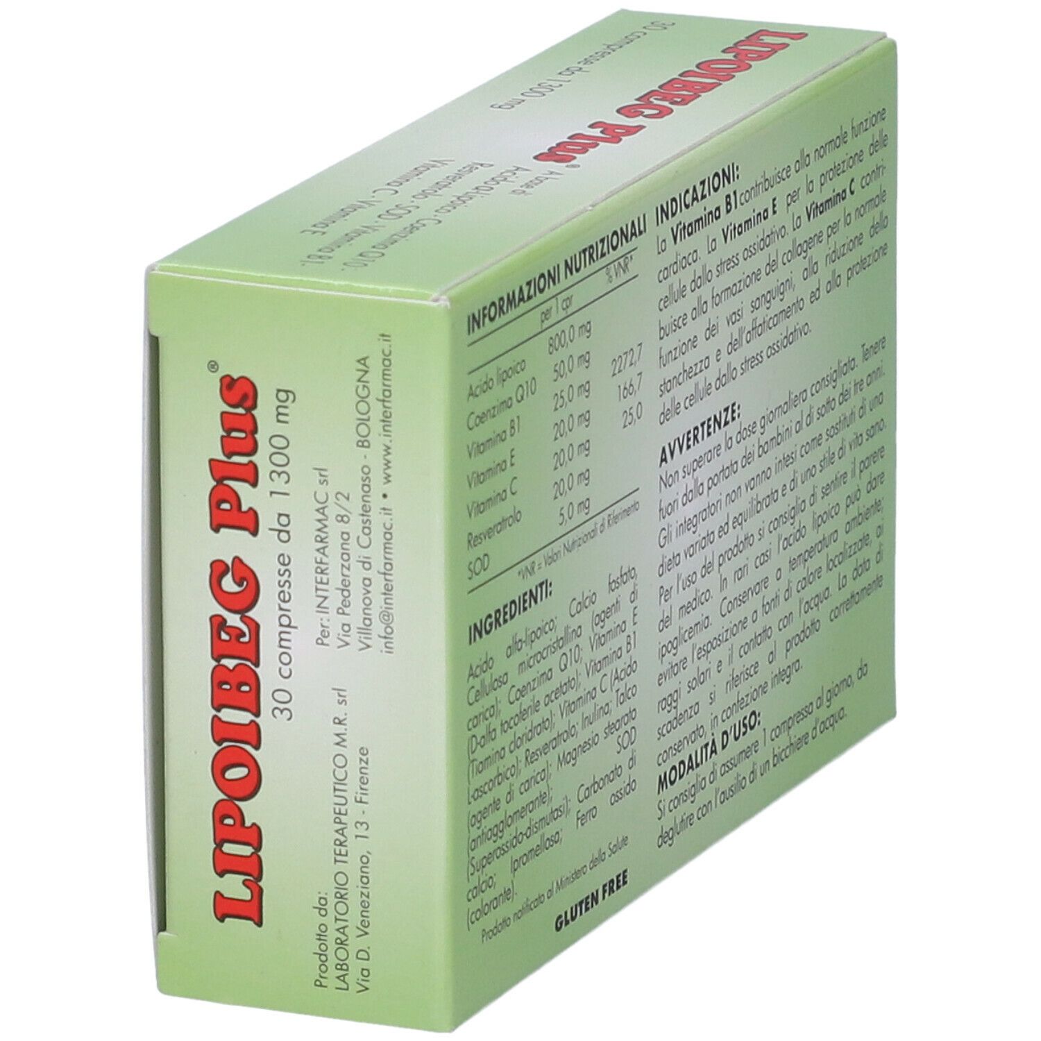 Scatola verde con scritta rossa LIPOIBEG Plus. Contiene 30 compresse. Testo con ingredienti, valori nutrizionali e uso.
