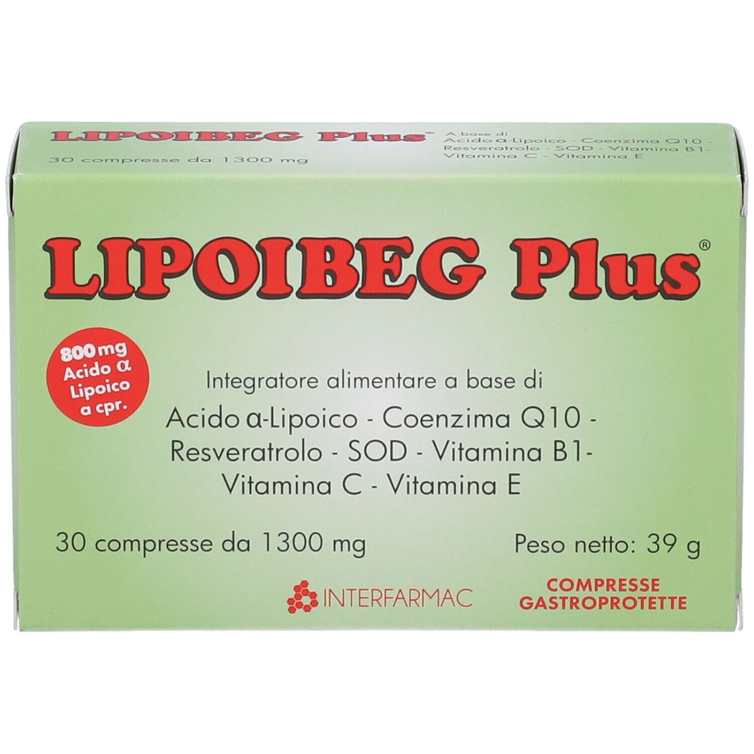 Scatola verde con scritta rossa LIPOIBEG Plus. Contiene 30 compresse. Scritta: 800mg Acido a-Lipoico a cpr. Peso 39g.