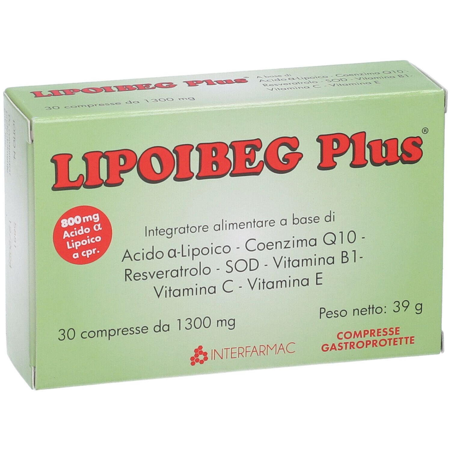 Scatola verde con scritta rossa LIPOIBEG Plus. Contiene 30 compresse. Scritta: 800mg Acido a-Lipoico a cpr. Peso 39g.