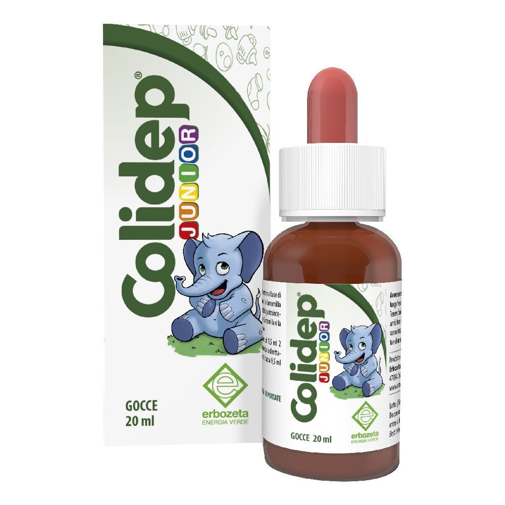 Flacone e confezione Colidep Junior Gocce 20 ml. Con contagocce e illustrazione.