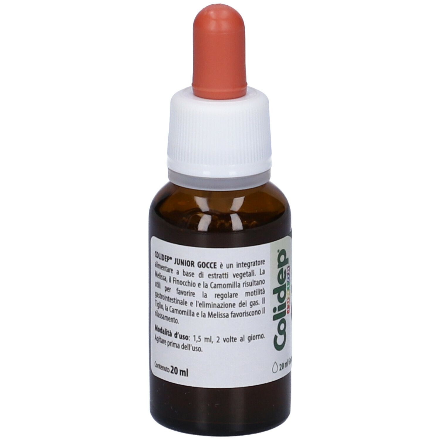 Flacone di vetro marrone con contagocce. Testo: Colidep Junior Gocce, 20 ml. Con informazioni.