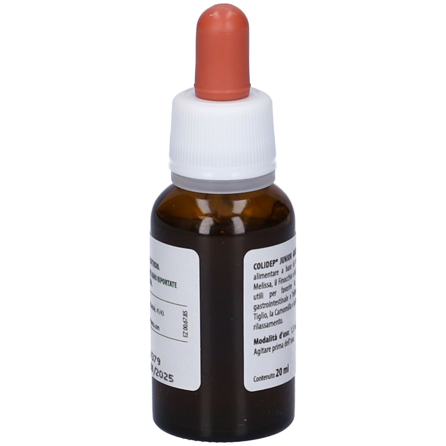 Flacone di vetro marrone con contagocce. Testo: Colidep Junior Gocce, 20 ml. Con informazioni.