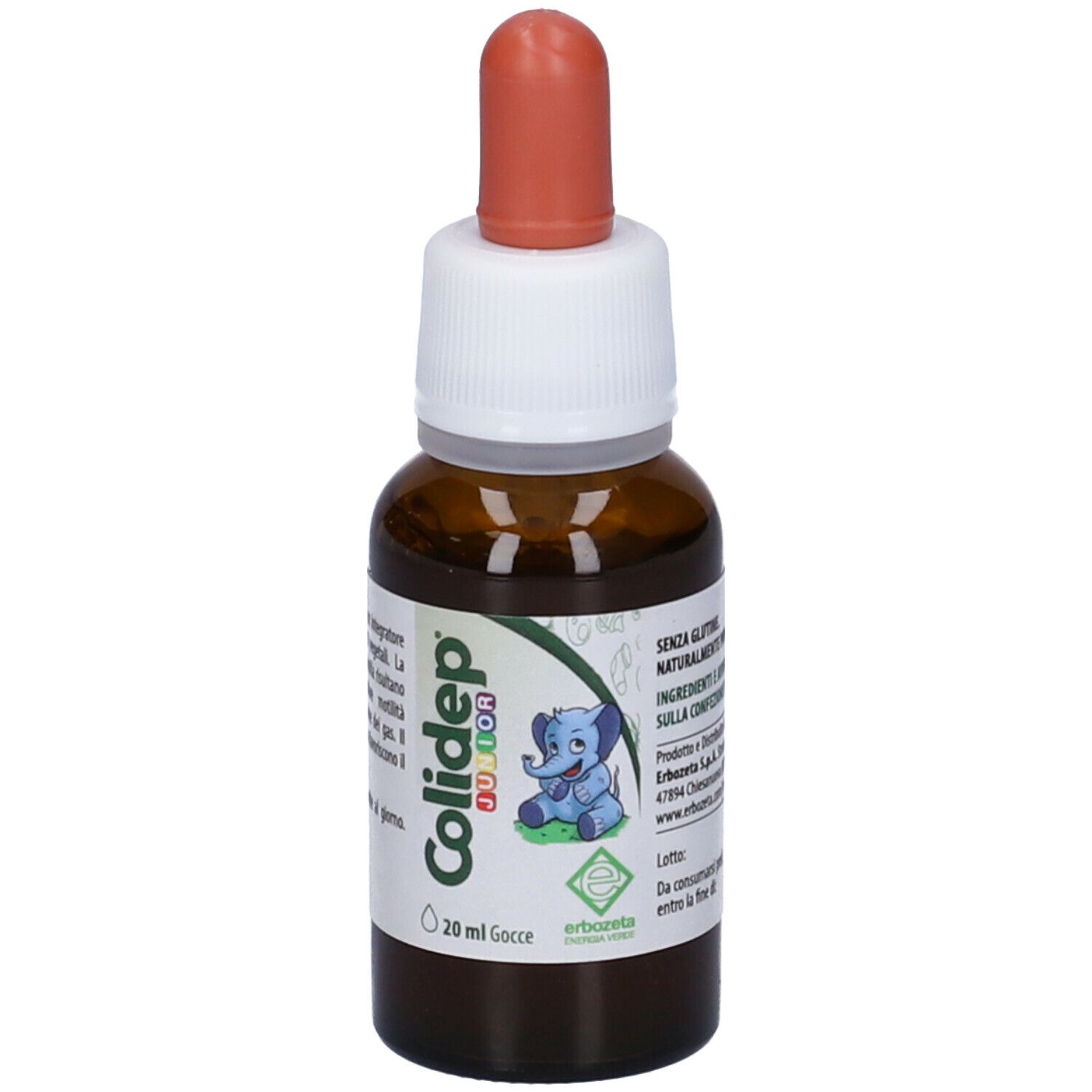 Flacone di vetro marrone con contagocce. Testo: Colidep Junior Gocce, 20 ml. Con informazioni.