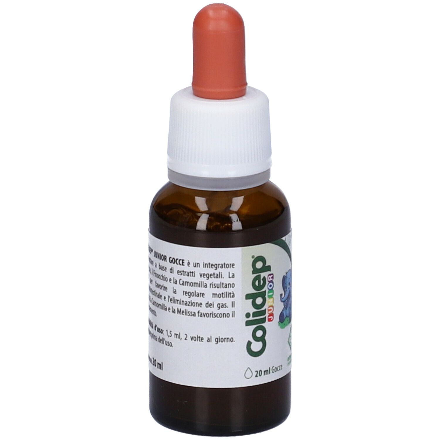 Flacone di vetro marrone con contagocce. Testo: Colidep Junior Gocce, 20 ml. Con informazioni.
