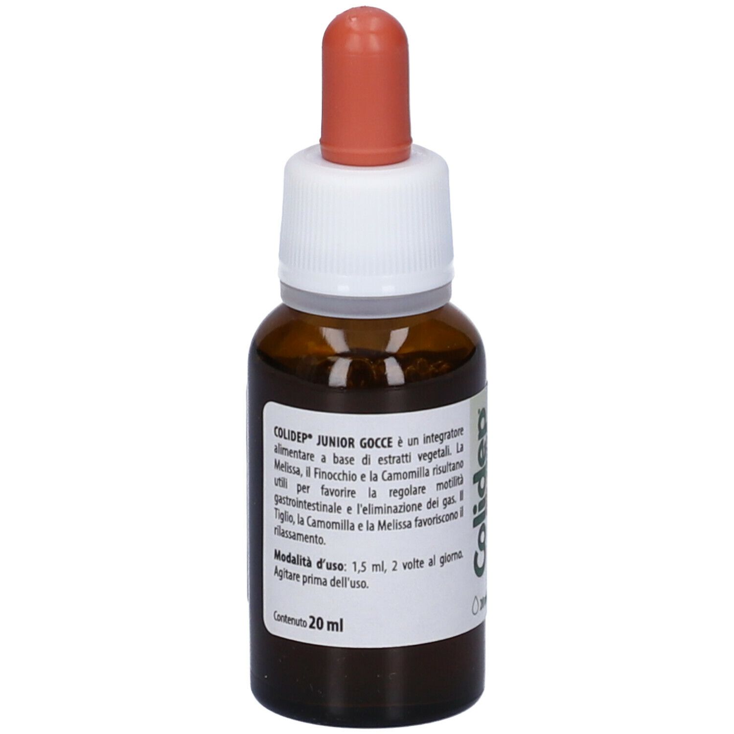Flacone di vetro marrone con contagocce. Testo: Colidep Junior Gocce, 20 ml. Con informazioni.