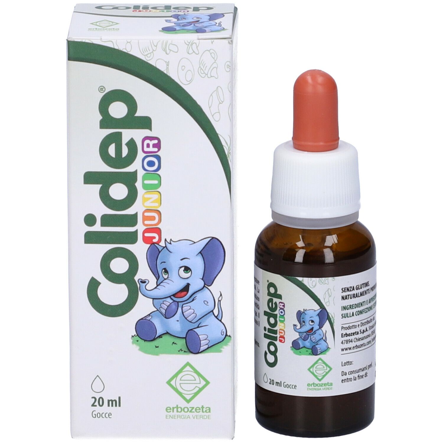 Flacone e confezione Colidep Junior Gocce 20 ml. Con contagocce e illustrazione.