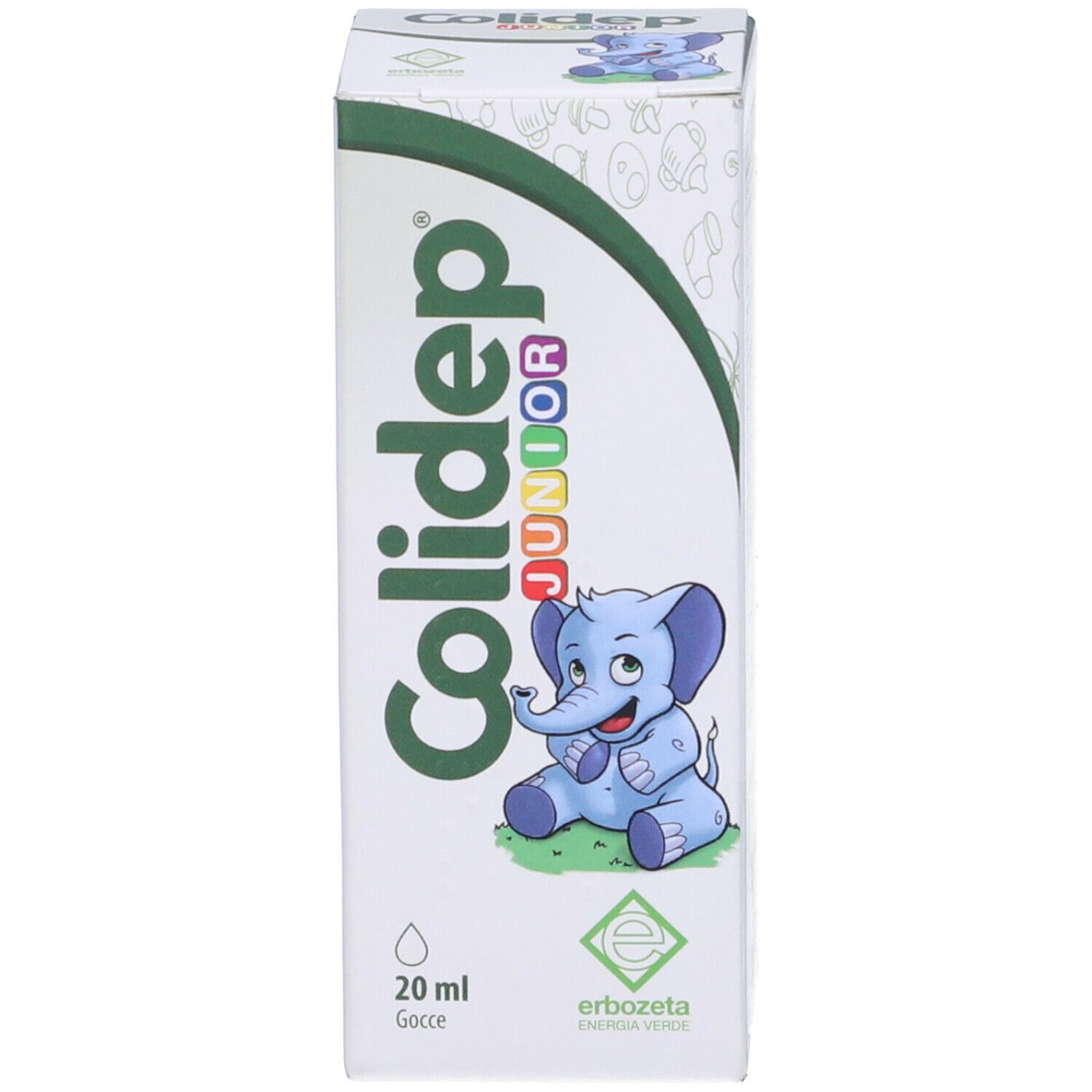 Confezione di Colidep Junior Gocce 20 ml. Con illustrazione e nome del prodotto.