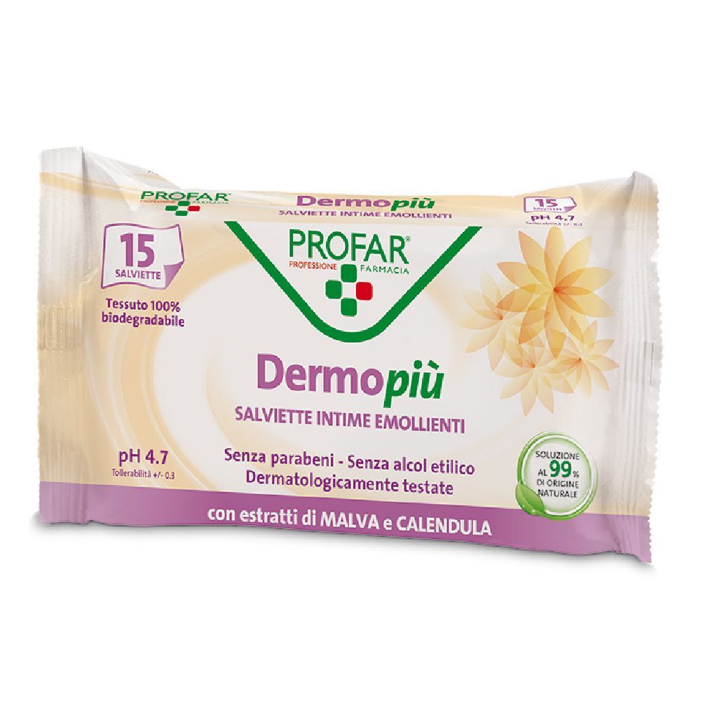 Confezione di salviette intime. Scritta: Dermo più, 15 salviette, pH 4,7. Senza parabeni e alcol. Dermatologicamente testato.