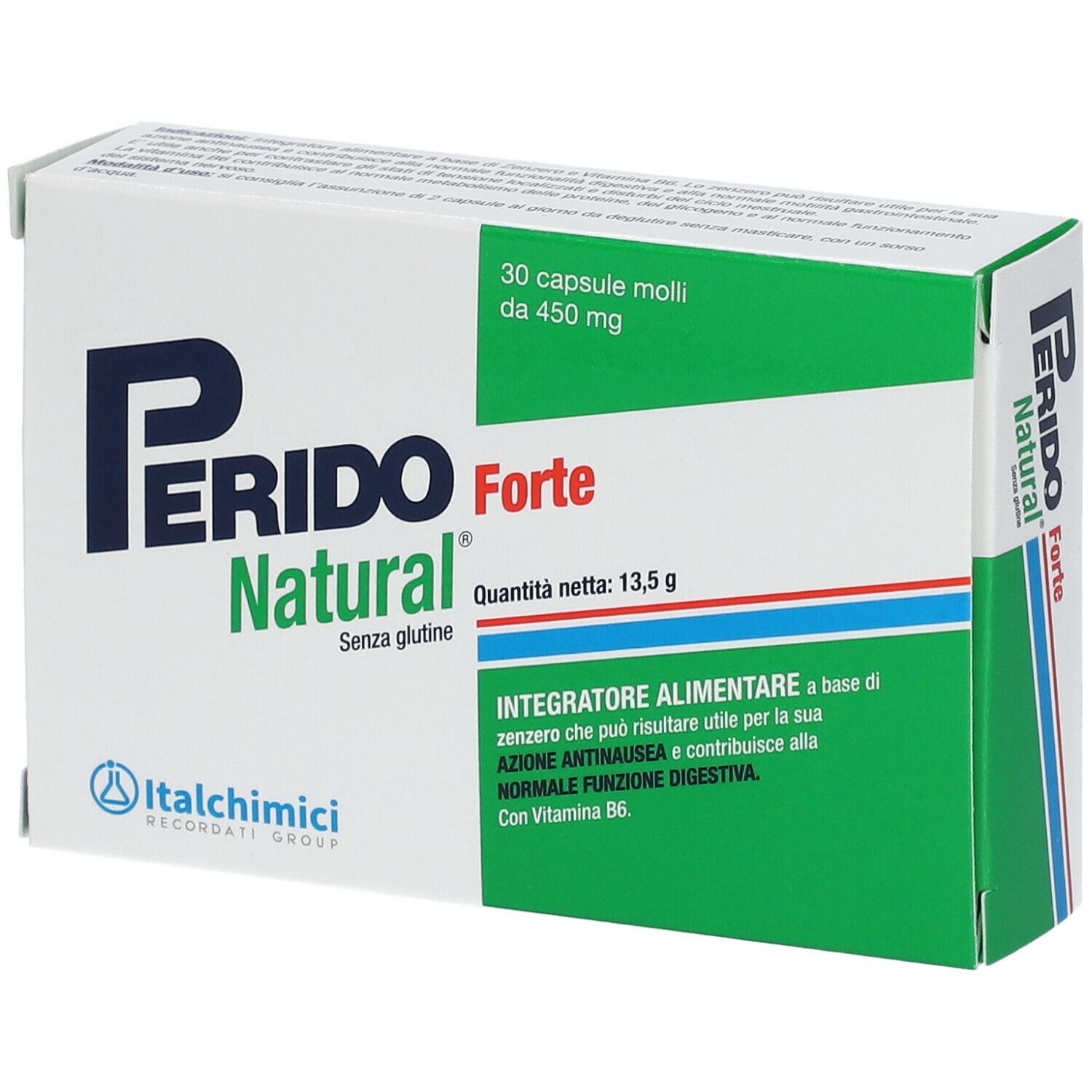 Scatola di Perido Natural Forte. Scritta: 30 capsule molli, 450 mg. Confezione verde e bianca con informazioni.