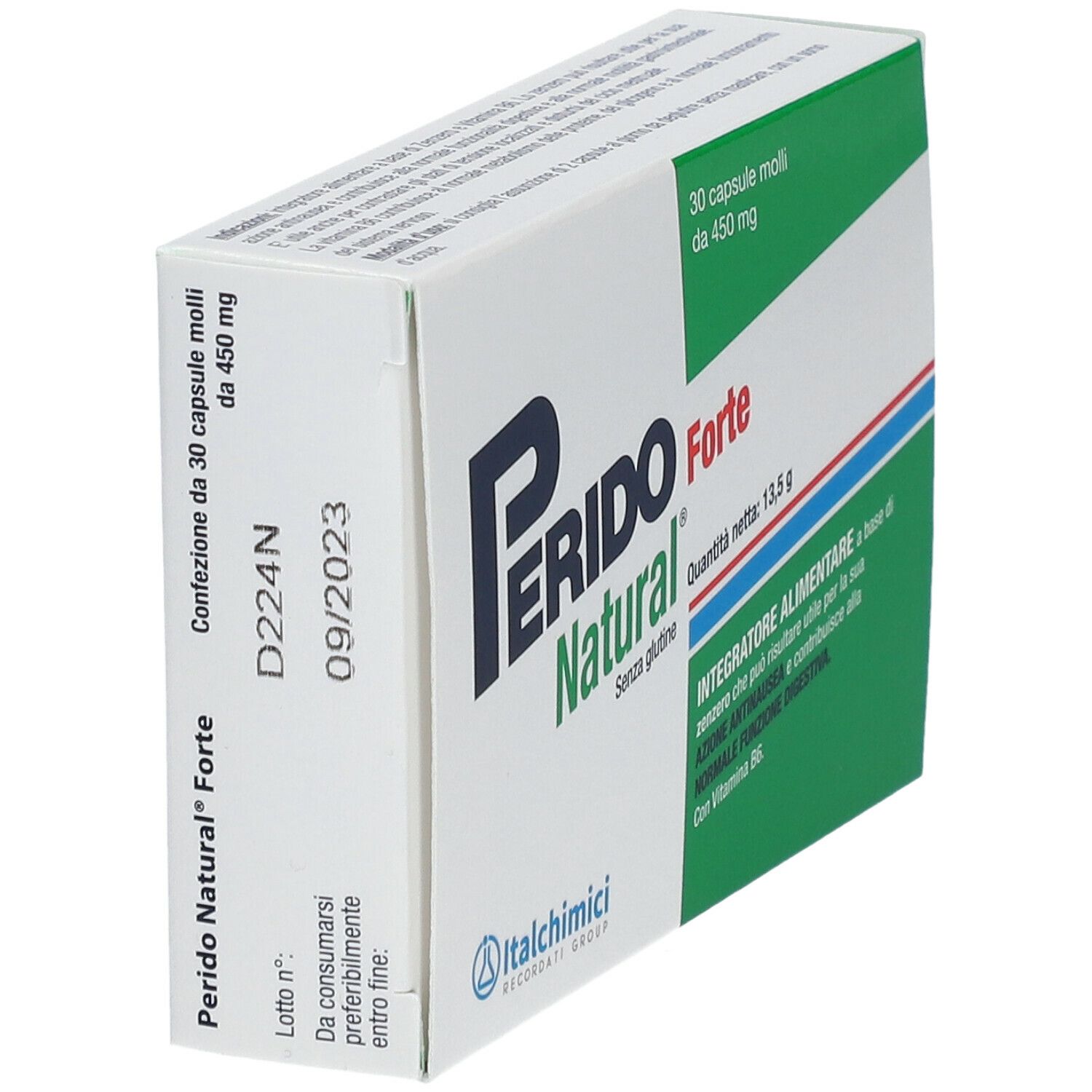 Scatola Perido Natural Forte, angolata. Scritta: 30 capsule molli, 450 mg. Confezione con data di scadenza.