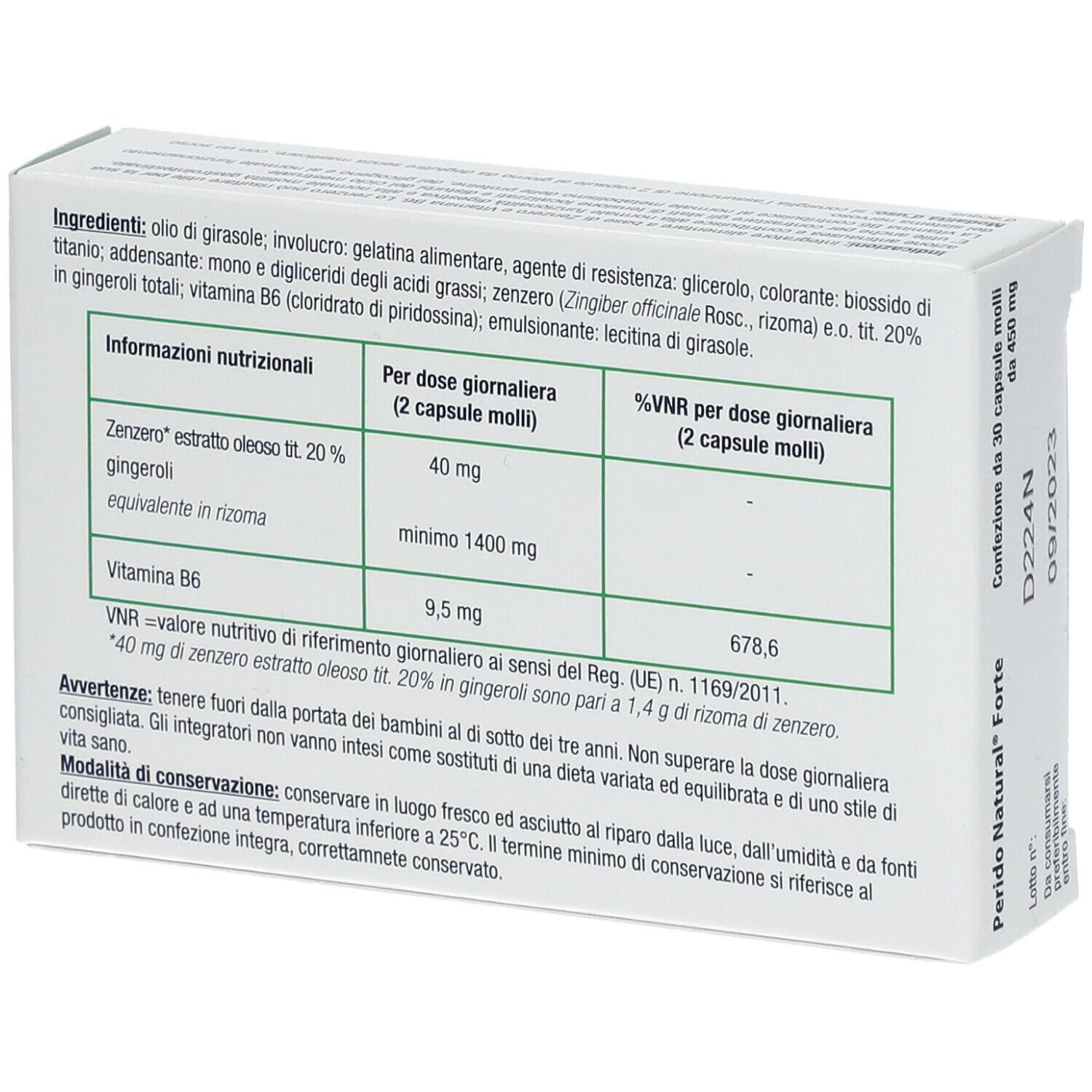 Retro della confezione Perido Natural Forte. Contiene informazioni nutrizionali e ingredienti. Testo in italiano.