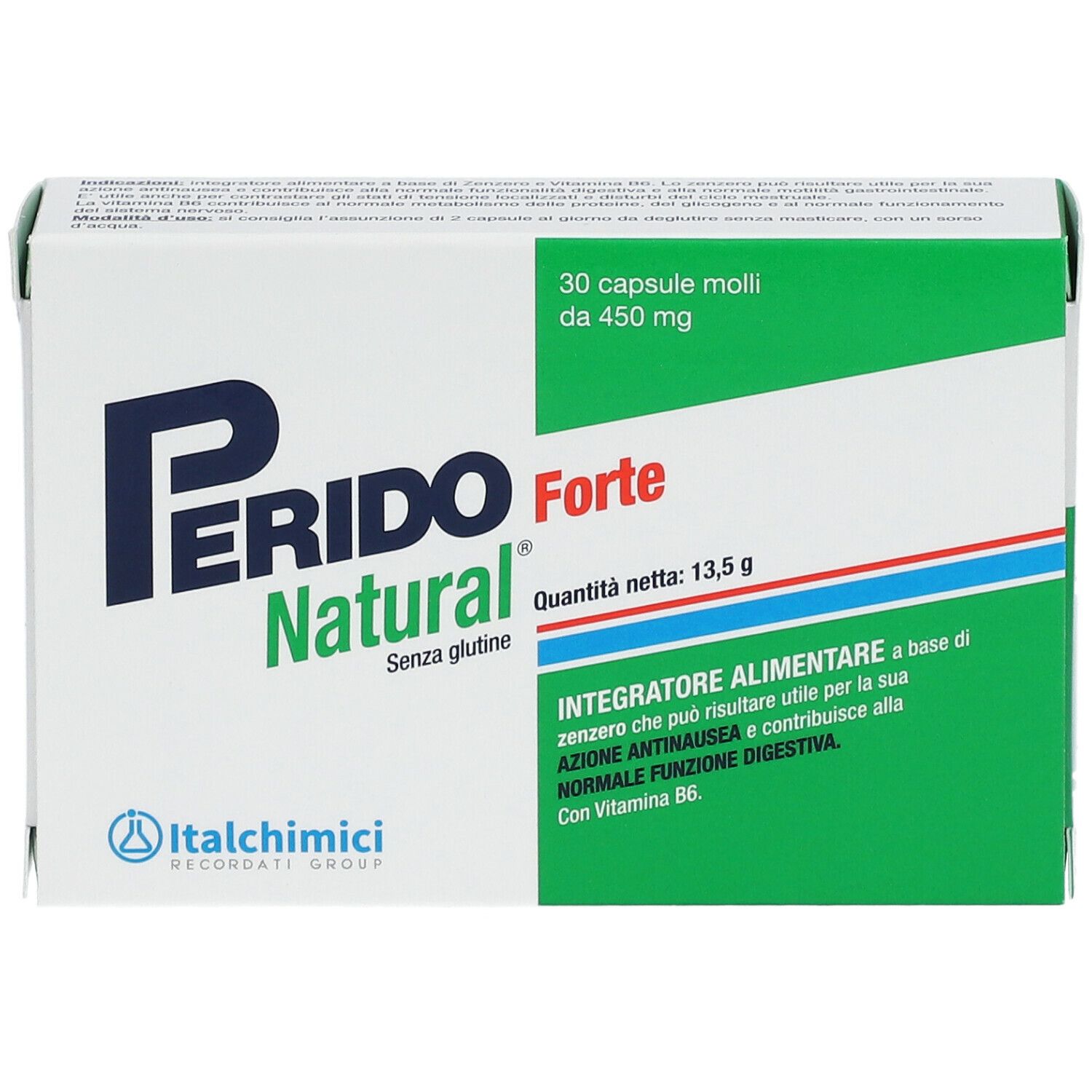 Scatola Perido Natural Forte. Scritta: 30 capsule molli, 450 mg. Confezione verde e bianca con informazioni.