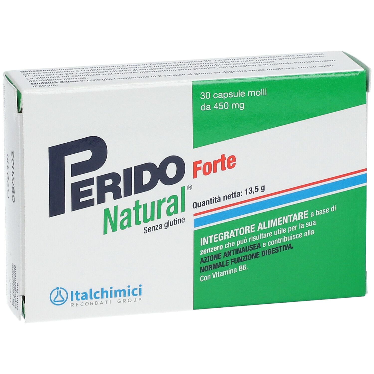 Scatola Perido Natural Forte. Scritta: 30 capsule molli, 450 mg. Confezione verde e bianca con informazioni.
