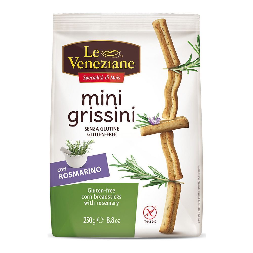 Confezione mini grissini al rosmarino. Grissini di mais senza glutine. 250g. Con rosmarino. Le Veneziane.