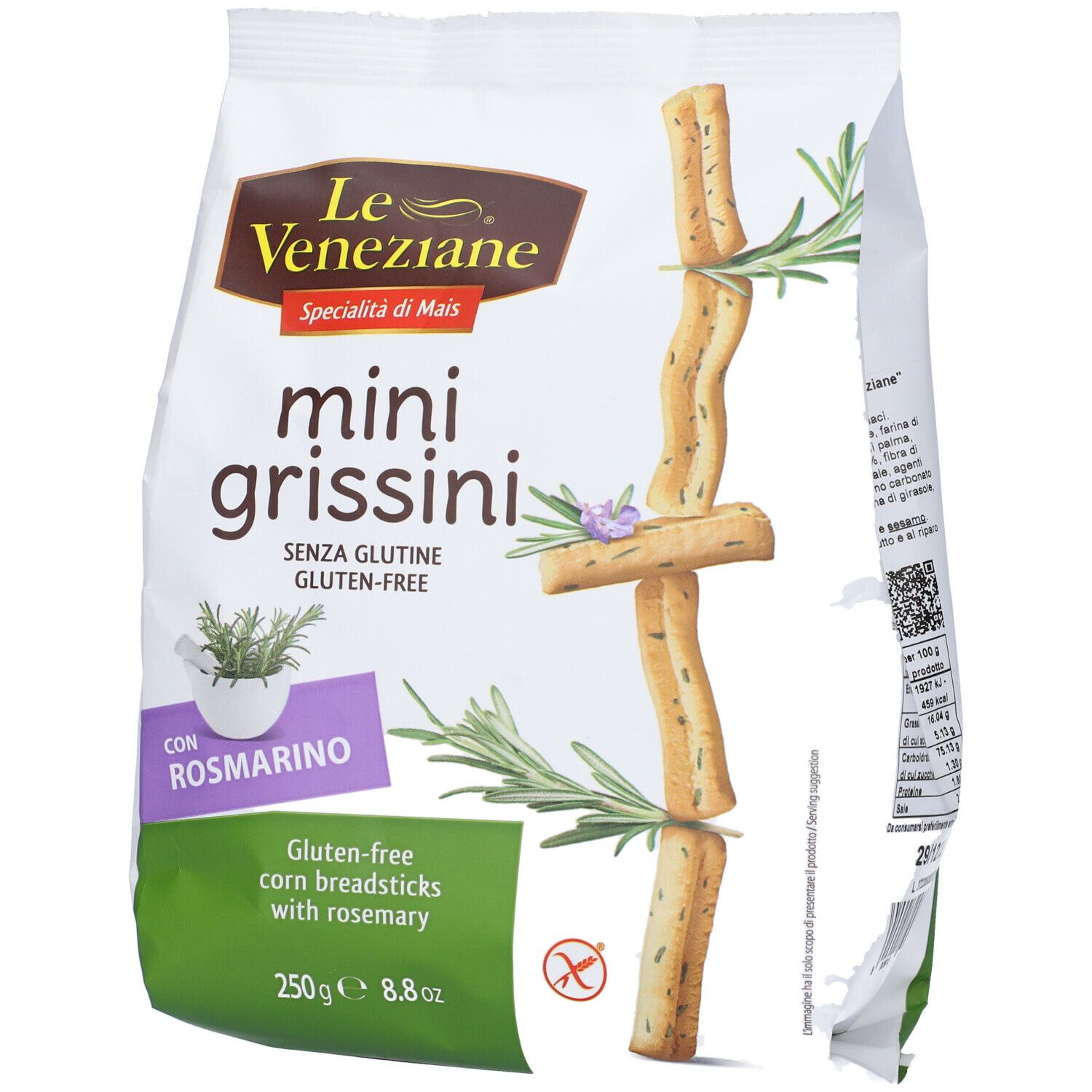 Confezione mini grissini al rosmarino. Grissini di mais senza glutine. 250g. Con rosmarino. Le Veneziane.