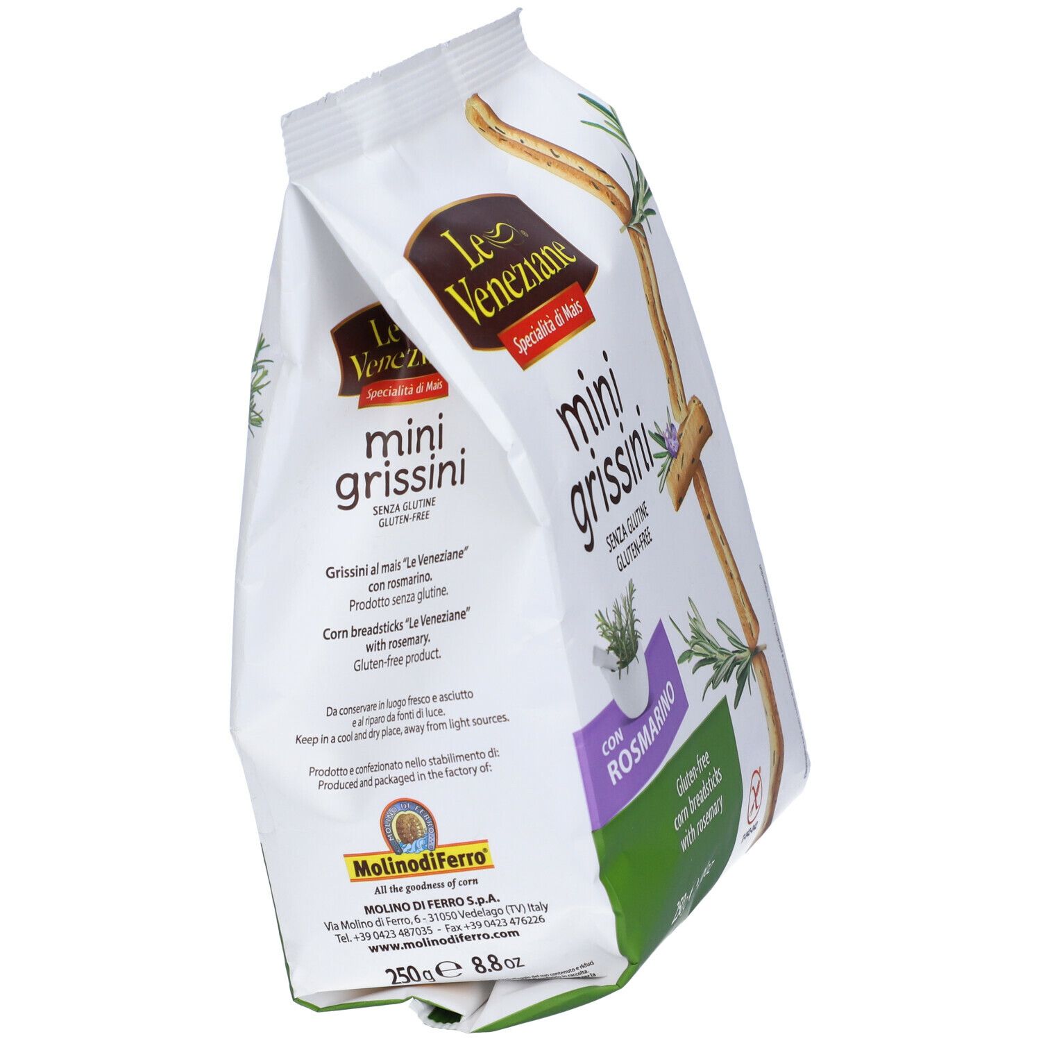 Confezione mini grissini al rosmarino. Grissini di mais senza glutine. 250g. Con rosmarino. Le Veneziane.