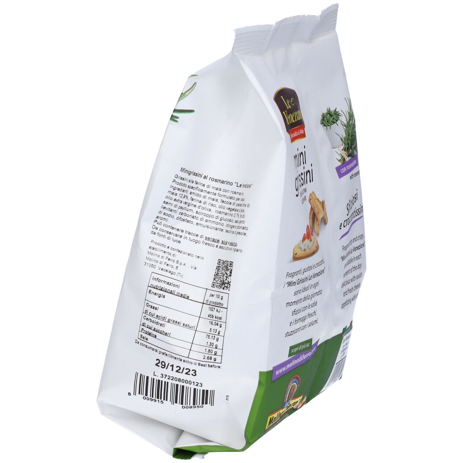 Confezione mini grissini al rosmarino. Grissini di mais senza glutine. 250g. Con rosmarino. Le Veneziane.
