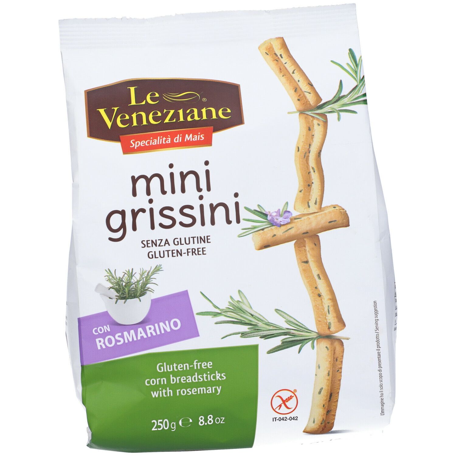 Confezione mini grissini al rosmarino. Grissini di mais senza glutine. 250g. Con rosmarino. Le Veneziane.