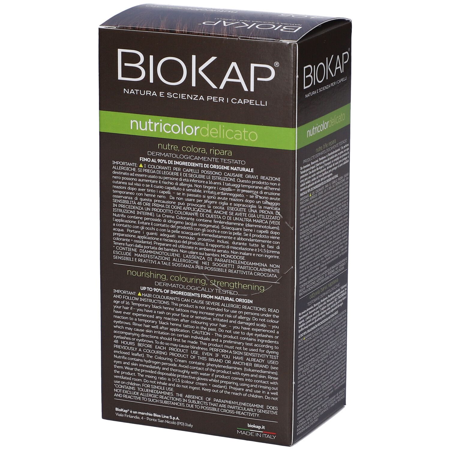 Boîte de teinture capillaire BioKap Nutricolor Delicato. Texte sur les ingrédients, l'utilisation et informations dermatologiques. Fabriqué en Italie.