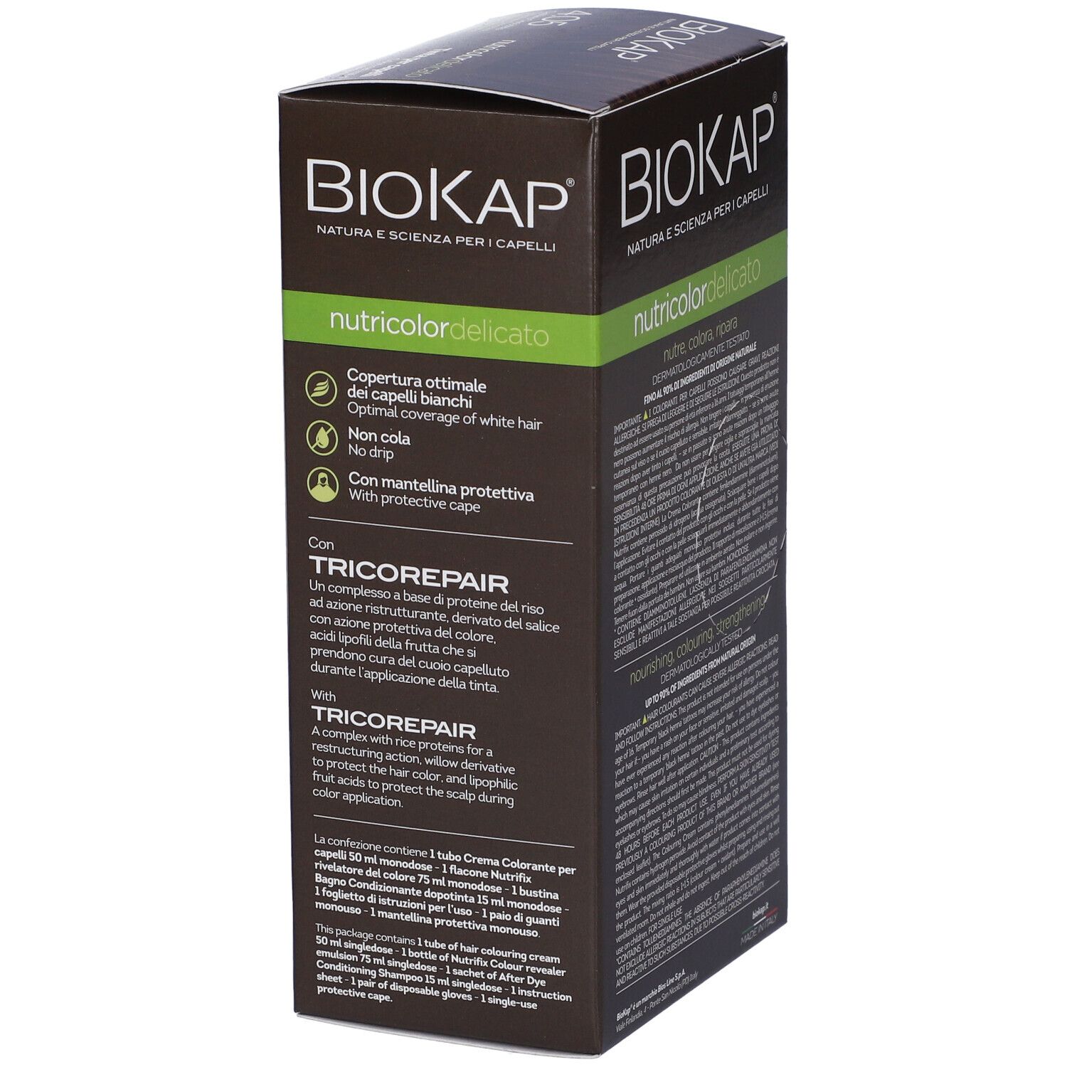 Boîte de teinture capillaire BioKap Nutricolor Delicato. Texte sur la couverture, la protection et l'application. Avec Tricorepair. Fabriqué en Italie.