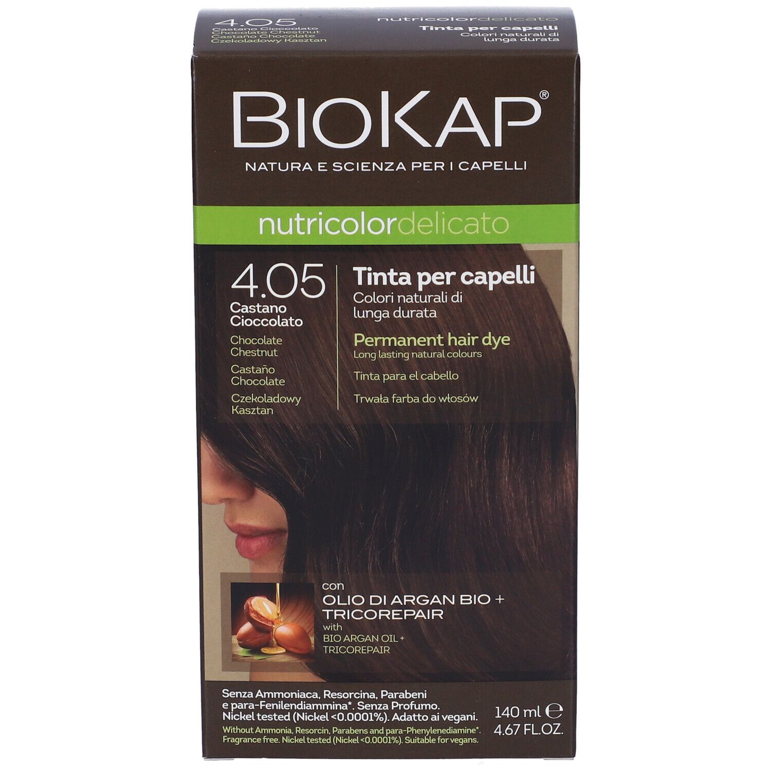 Boîte de teinture capillaire BioKap Nutricolor Delicato 4.05 Schoko-Kastanie. Contient Olio di Argan Bio + Tricorepair. 140 ml.