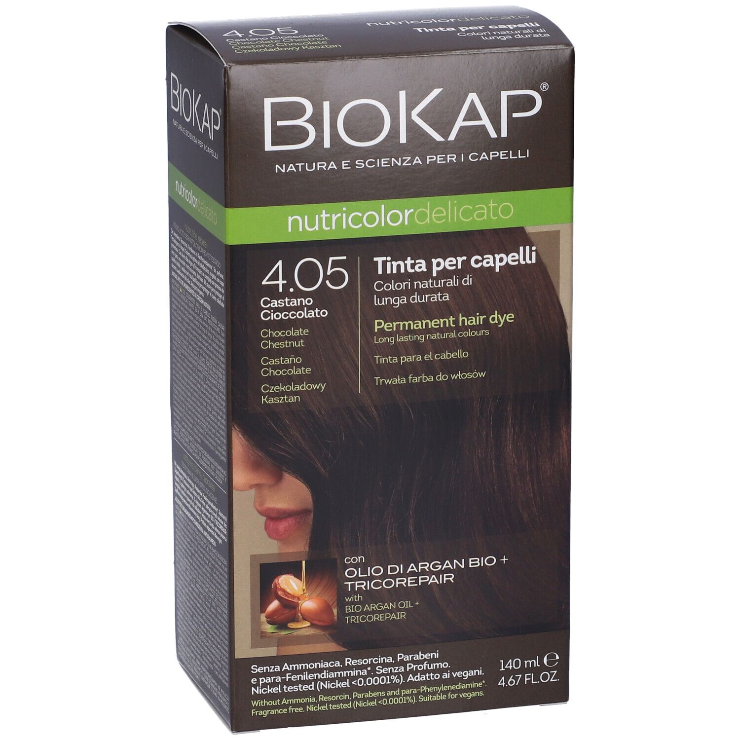Boîte de teinture capillaire BioKap Nutricolor Delicato 4.05 Schoko-Kastanie. Contient Olio di Argan Bio + Tricorepair. 140 ml.