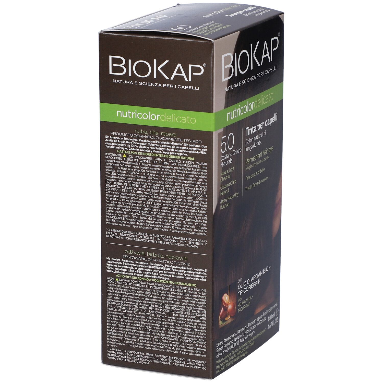 Rückseite der Haarfärbemittel-Verpackung. Text in italienischer Sprache. Enthält Informationen zum Produkt und Inhaltsstoffen.