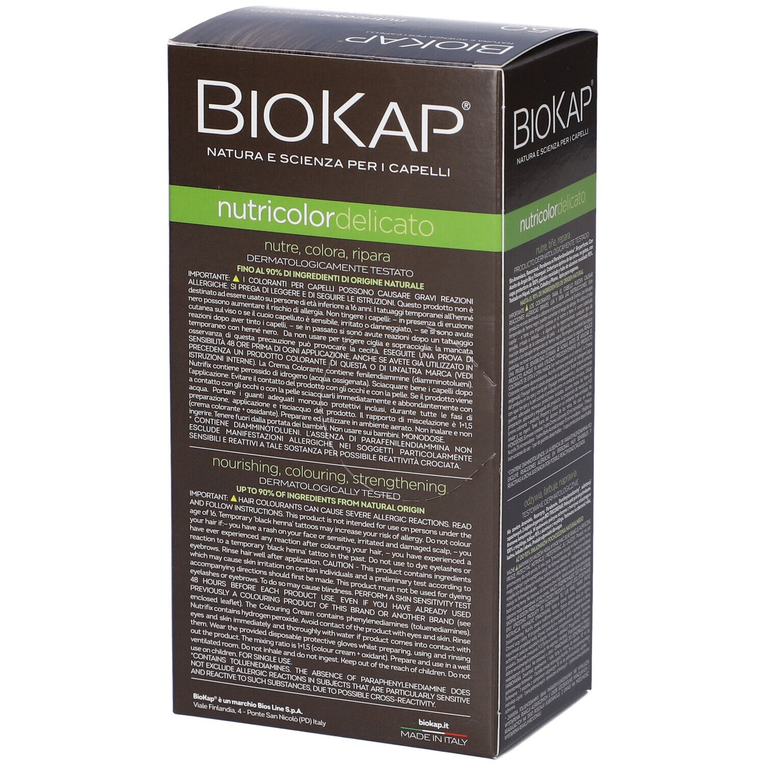 Seite der Haarfärbemittel-Verpackung. Text in italienischer Sprache. Enthält Informationen zum Produkt und Inhaltsstoffen.