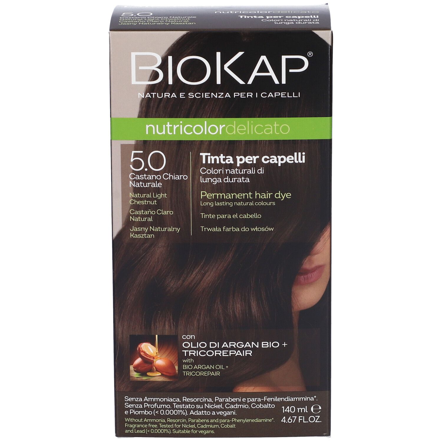 Haarfärbemittel-Verpackung. BIOKAP-Logo, Produktname, Farbton 5.0, Hellbraun. Enthält Arganöl und Tricorepair.