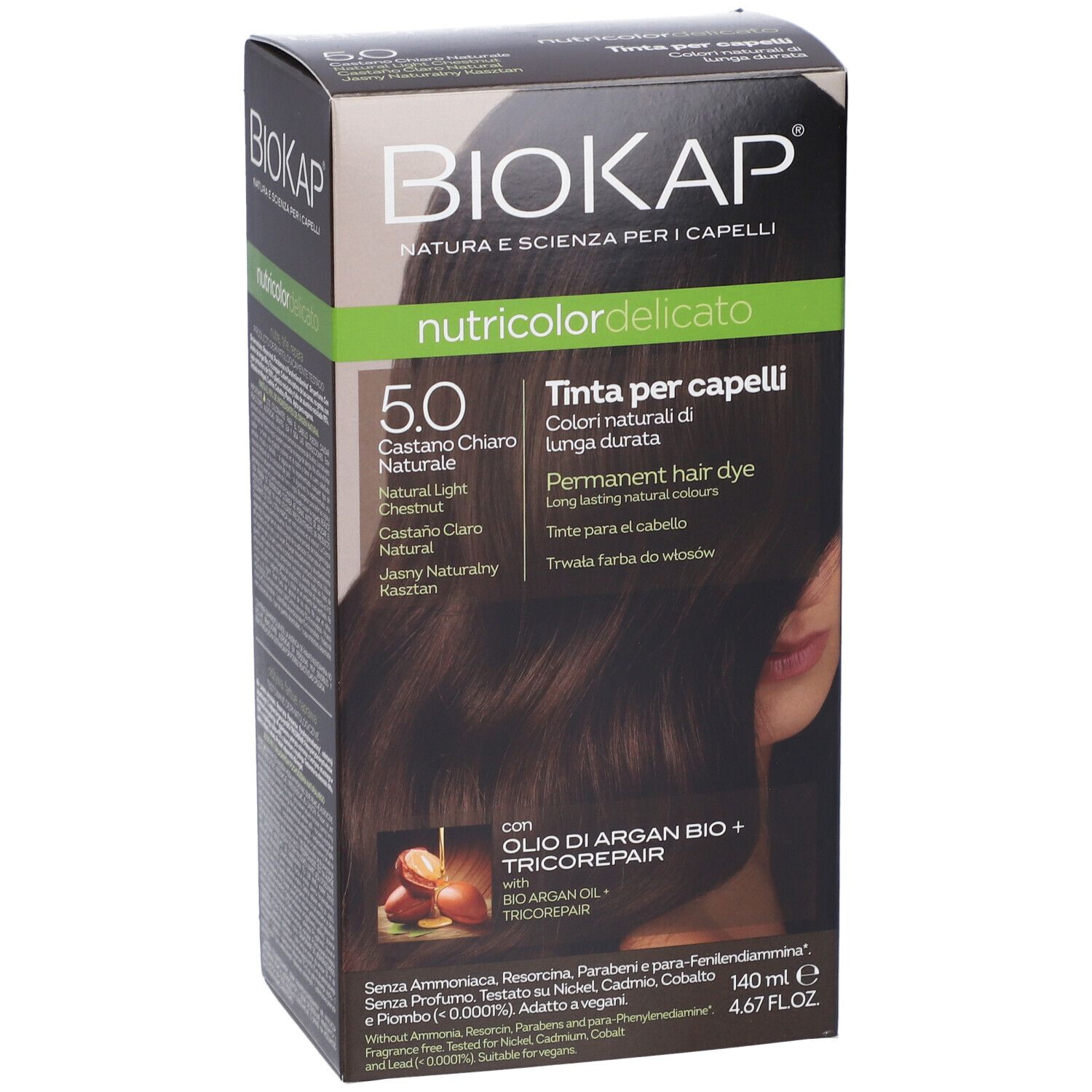 Haarfärbemittel-Verpackung. BIOKAP-Logo, Produktname, Farbton 5.0, Hellbraun. Enthält Arganöl und Tricorepair.