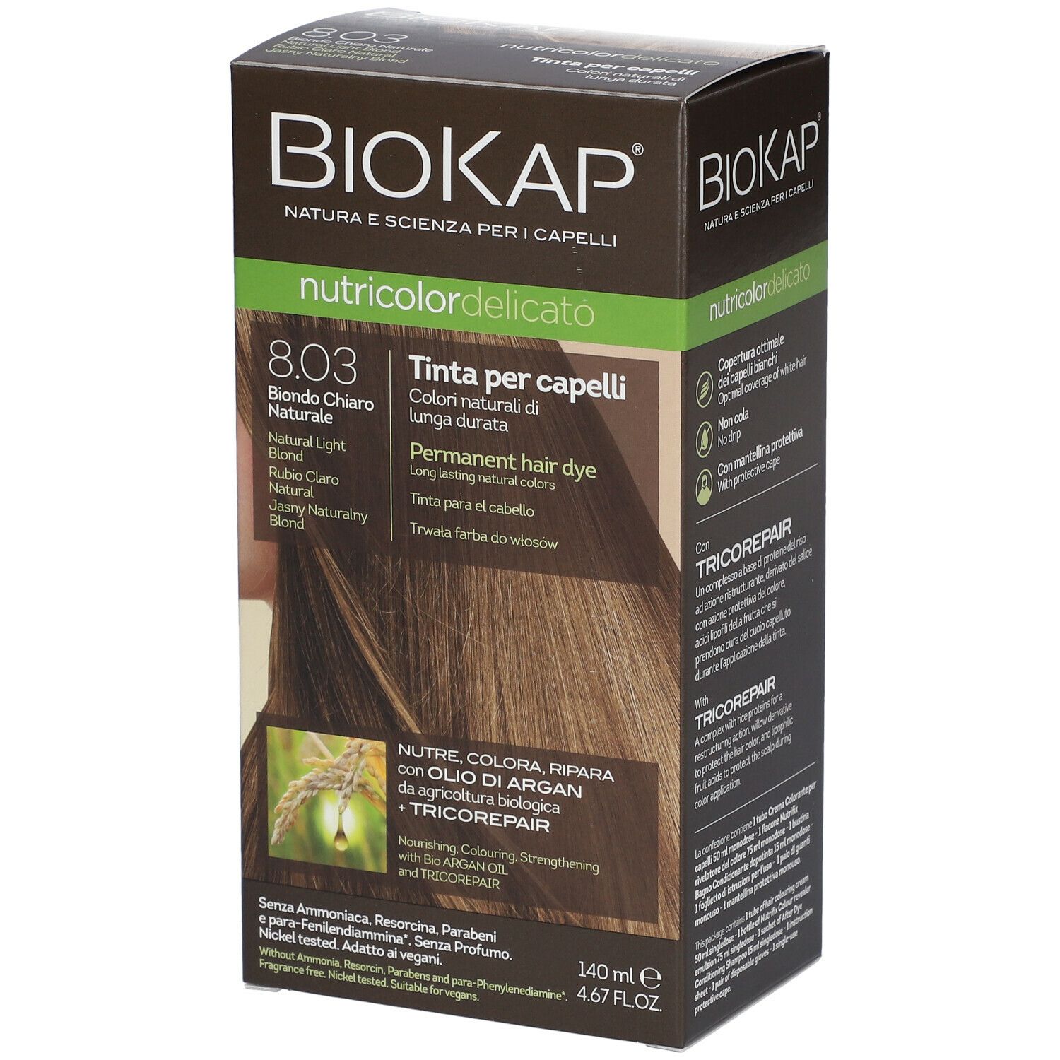 Scatola BIOSLINE BioKap® Nutricolor Tinta Delicato 8.03. Scritto: Biondo Chiaro Naturale. Con Tricorepair. Informazioni sul prodotto.