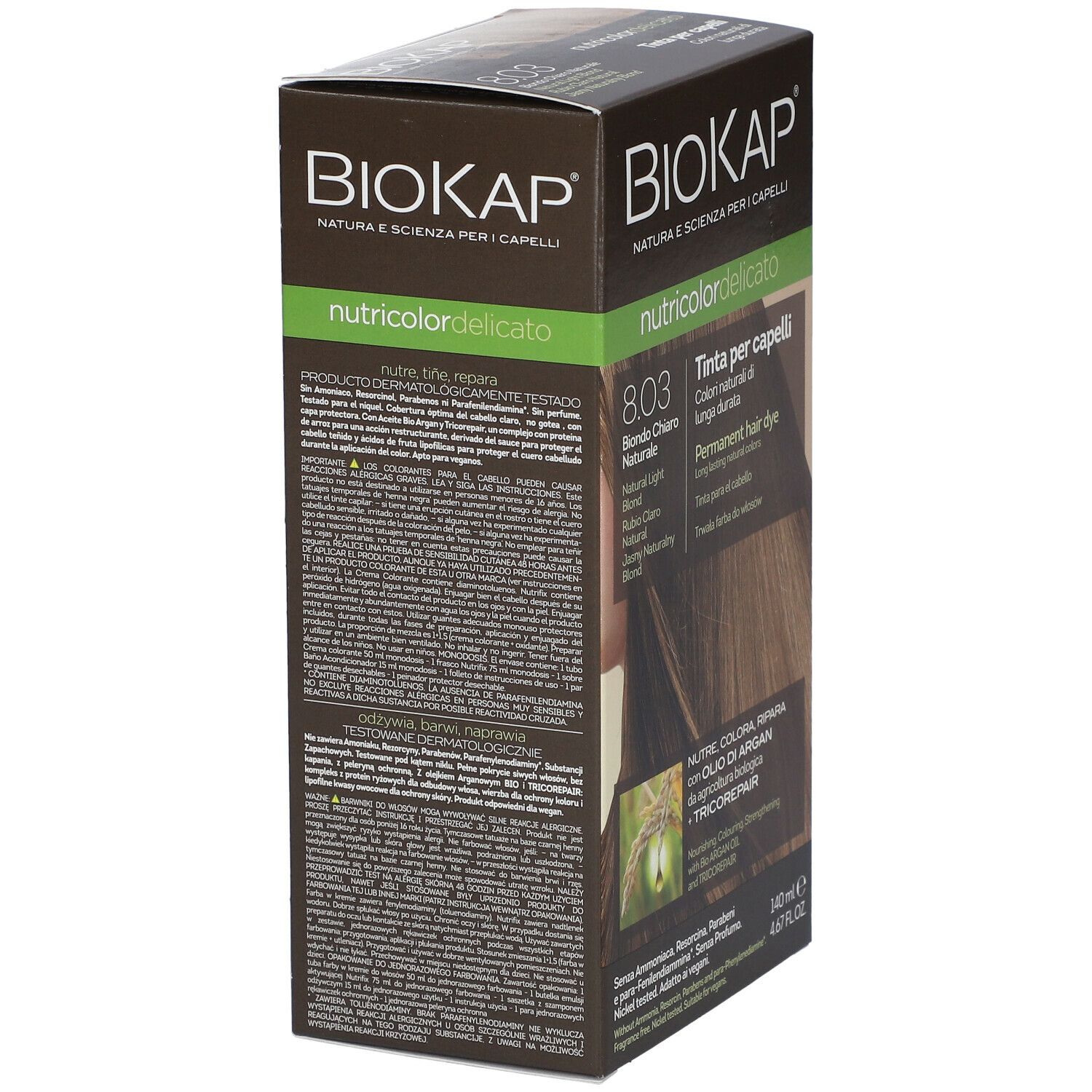 Scatola BIOSLINE BioKap® Nutricolor Tinta Delicato 8.03. Vista laterale. Testo multilingue. Informazioni sul prodotto.