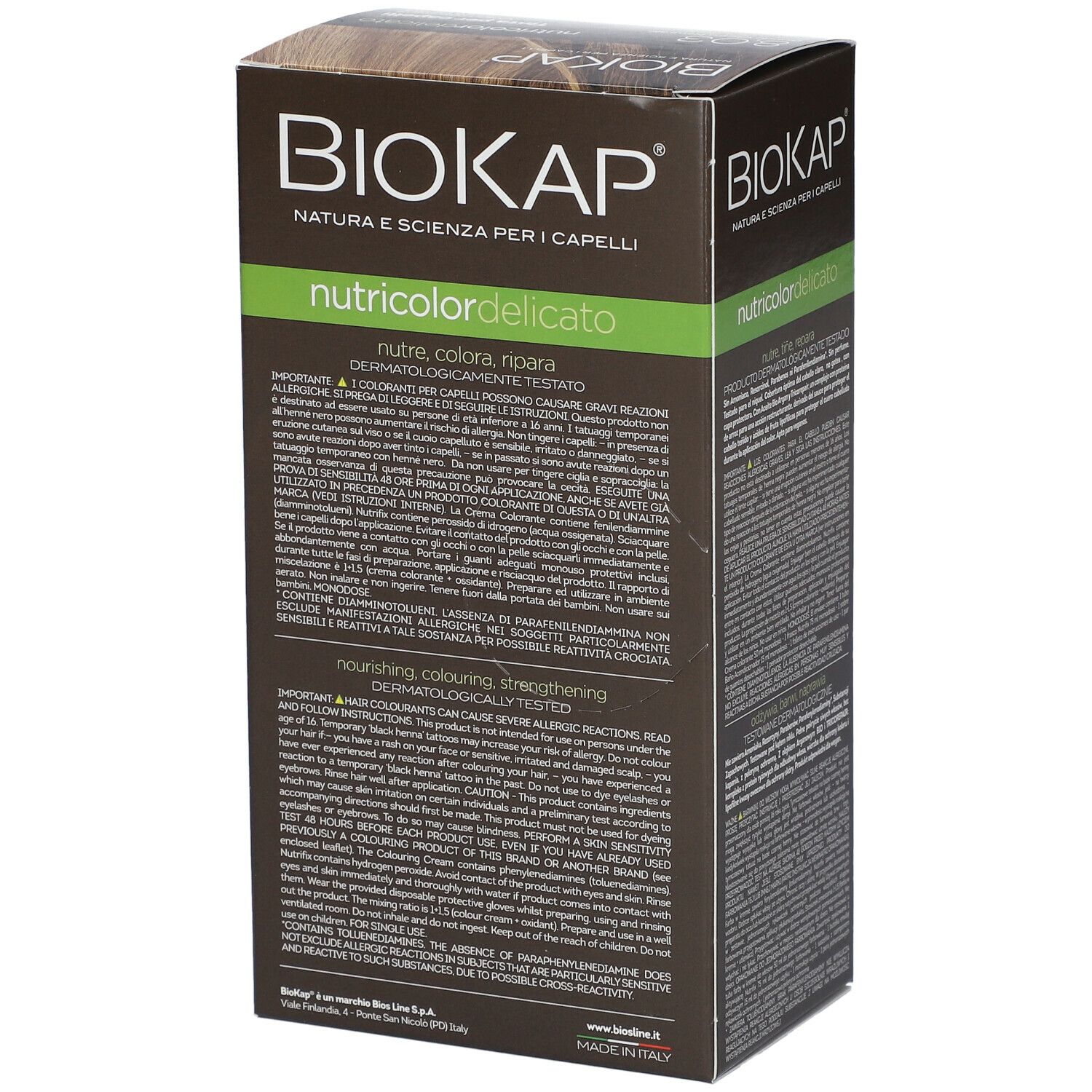 Scatola BIOSLINE BioKap® Nutricolor Tinta Delicato 8.03. Vista posteriore. Testo multilingue. Informazioni sul prodotto.