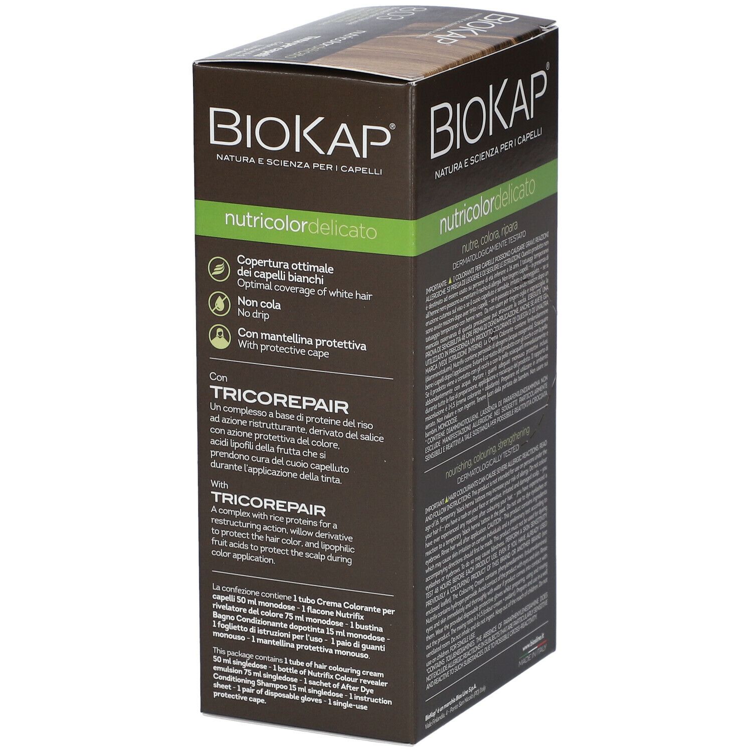 Scatola BIOSLINE BioKap® Nutricolor Tinta Delicato 8.03. Fronte con icone. Con Tricorepair. Informazioni sul prodotto.