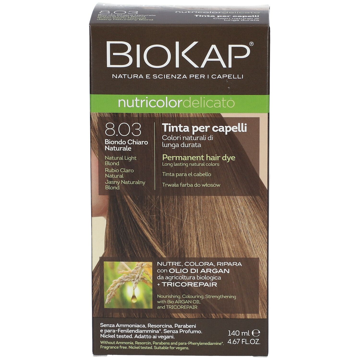 Scatola BIOSLINE BioKap® Nutricolor Tinta Delicato 8.03. Scritto: Biondo Chiaro Naturale. Con Tricorepair. Informazioni sul prodotto.