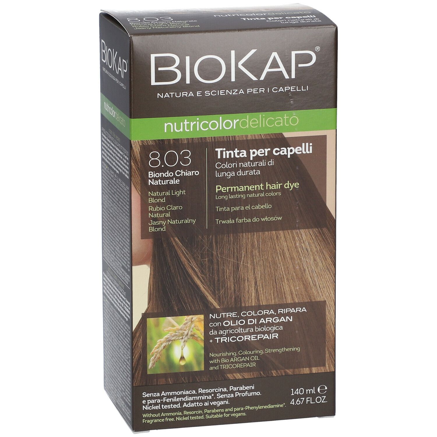 Scatola BIOSLINE BioKap® Nutricolor Tinta Delicato 8.03. Scritto: Biondo Chiaro Naturale. Con Tricorepair. Informazioni sul prodotto.