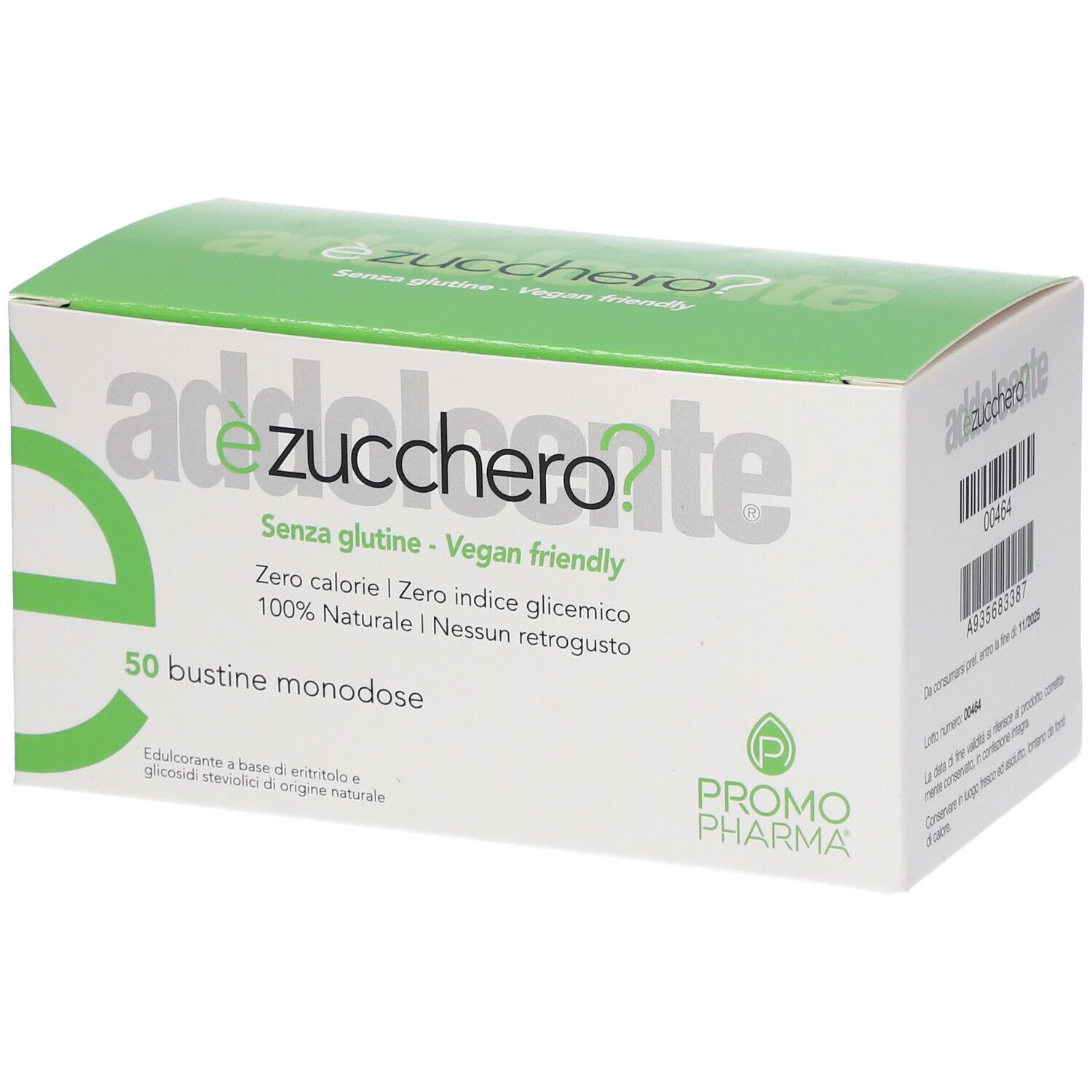 Schachtel mit Aufschrift èzucchero?, glutenfrei, vegan, 0 Kalorien, 100% natürlich. 50 Einzelportionen. PromoPharma Logo.
