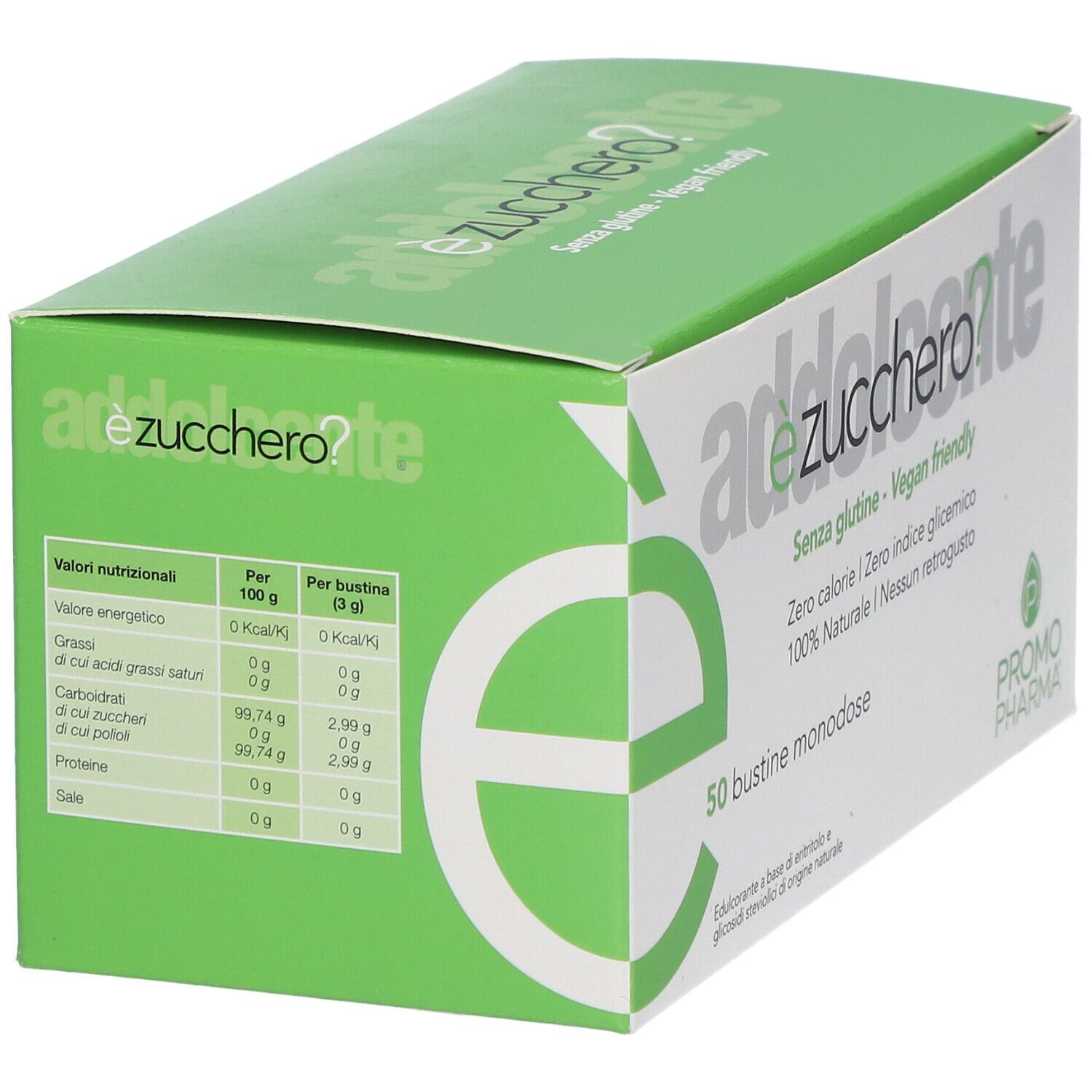 Schachtel mit Aufschrift èzucchero?, glutenfrei, vegan, 0 Kalorien, 100% natürlich. 50 Einzelportionen. PromoPharma Logo.