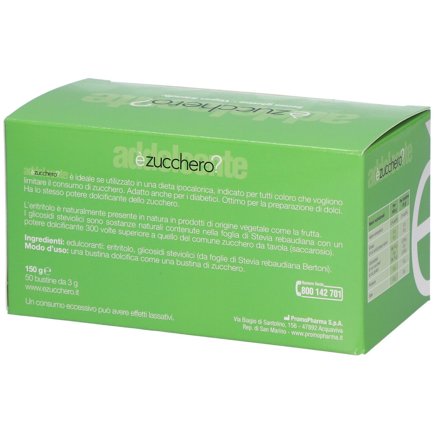Grüne Schachtel mit èzucchero? Aufschrift, Nährwertangaben, 50 Einzelportionen. PromoPharma Logo. Rückseite mit Inhaltsstoffen.