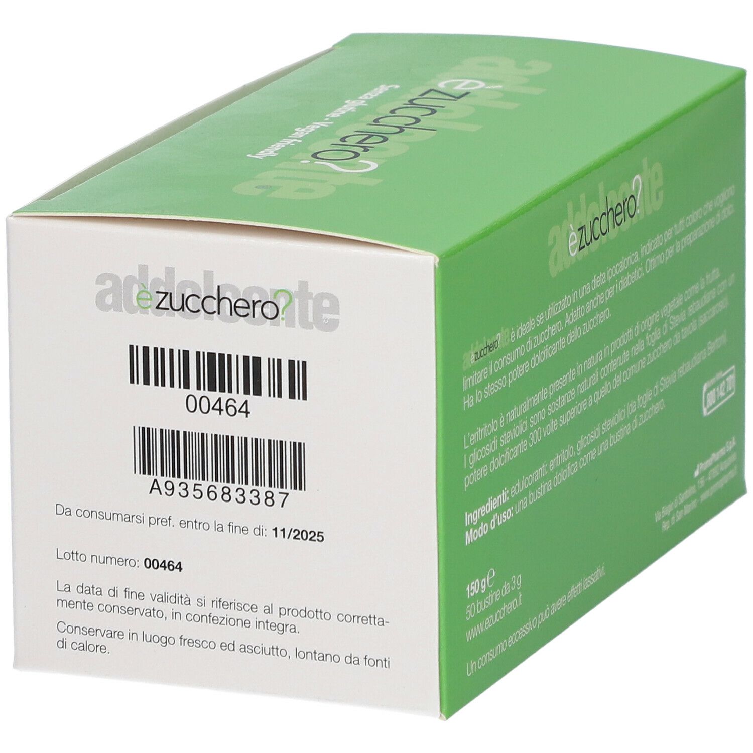 Grüne Schachtel mit èzucchero? Aufschrift, 150g, 50 Einzelportionen. PromoPharma Logo. Rückseite mit Inhaltsstoffen und Gebrauchsanweisung.