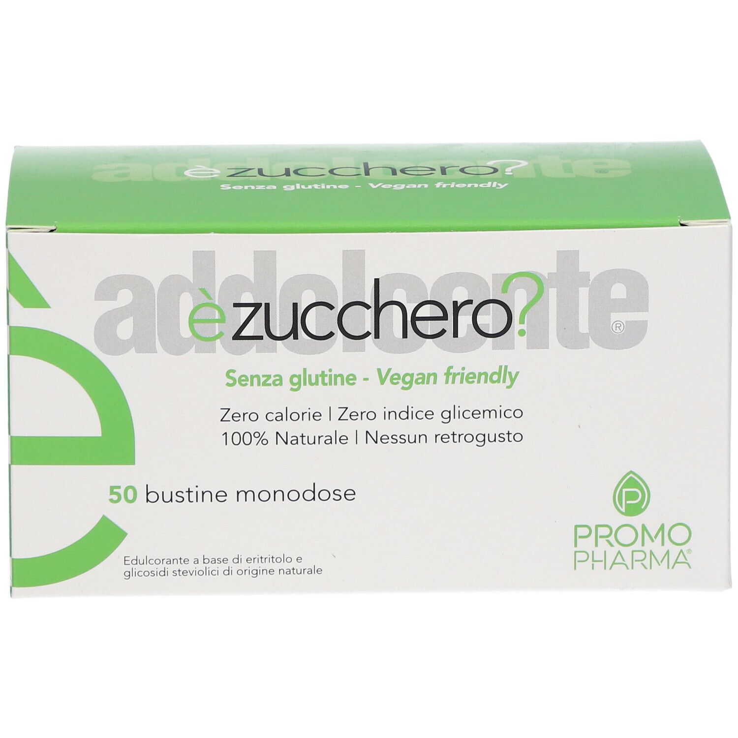 Schachtel mit èzucchero? Aufschrift, glutenfrei, vegan, 0 Kalorien, 100% natürlich. 50 Einzelportionen. PromoPharma Logo.