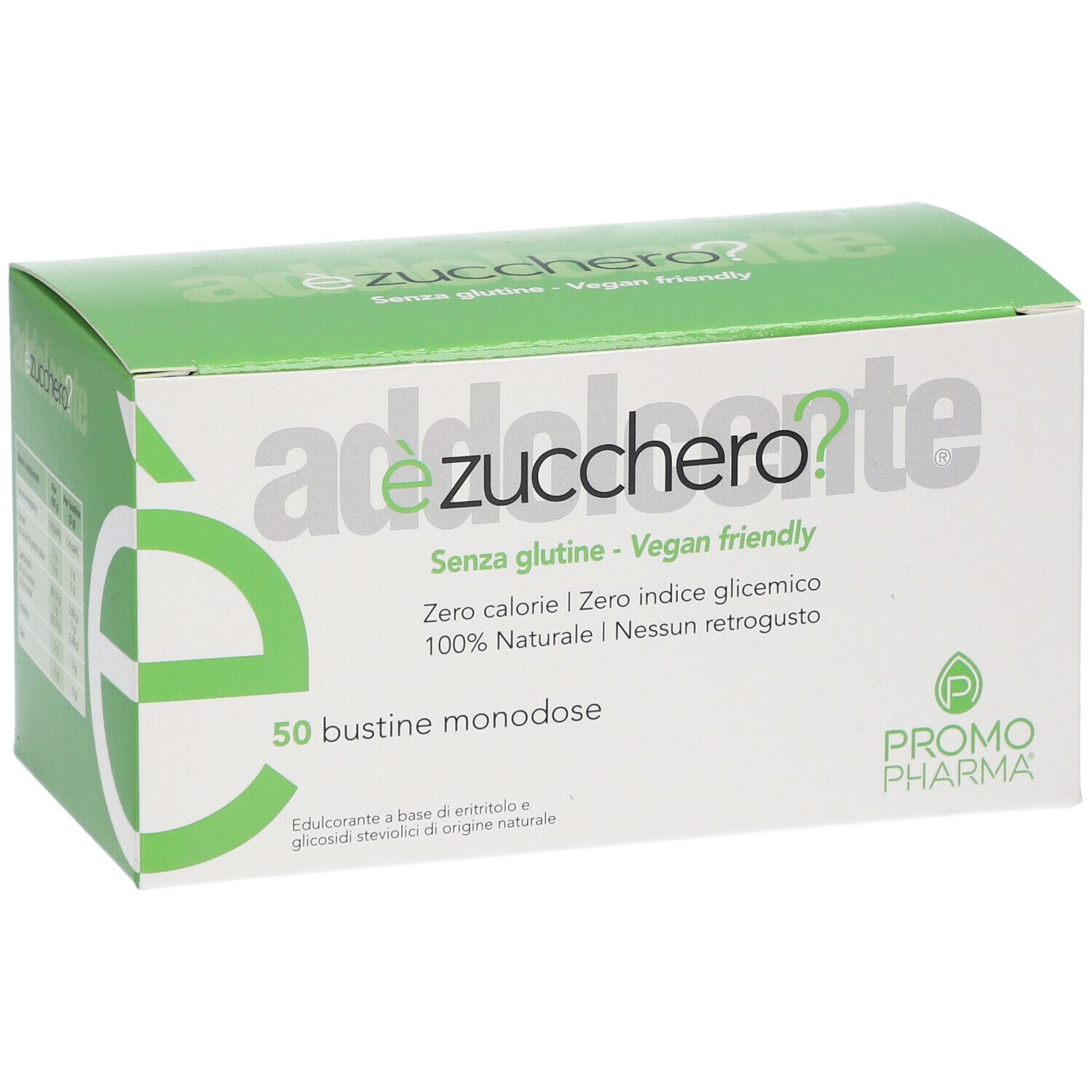 Schachtel mit èzucchero? Aufschrift, glutenfrei, vegan, 0 Kalorien, 100% natürlich. 50 Einzelportionen. PromoPharma Logo.